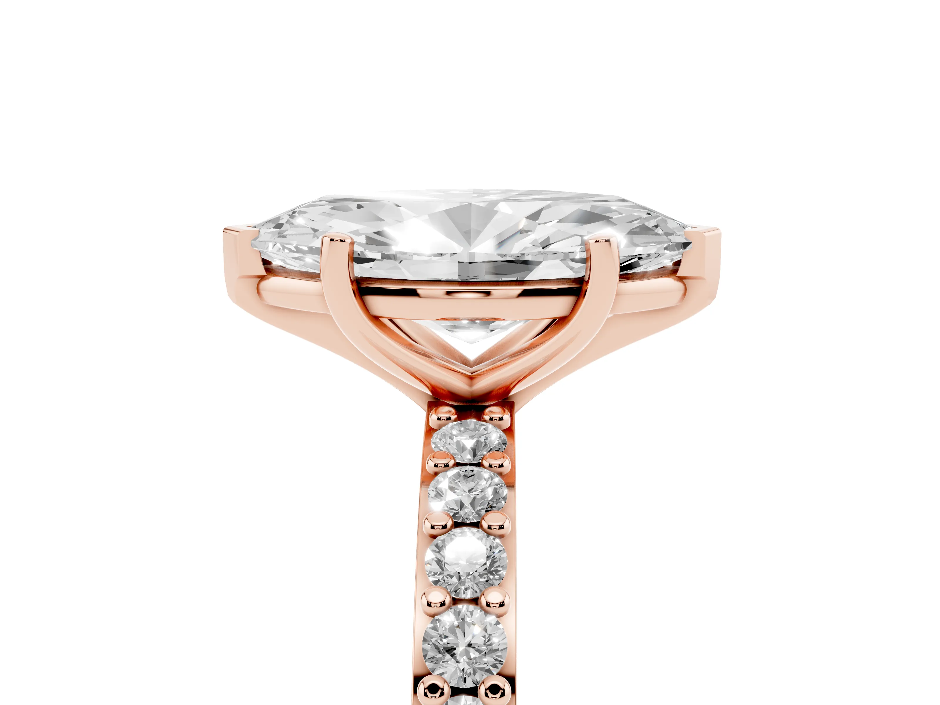 Marquise Cut Diamond Solitaire Set in Rose gold with Round Pavé Band and Prong Setting