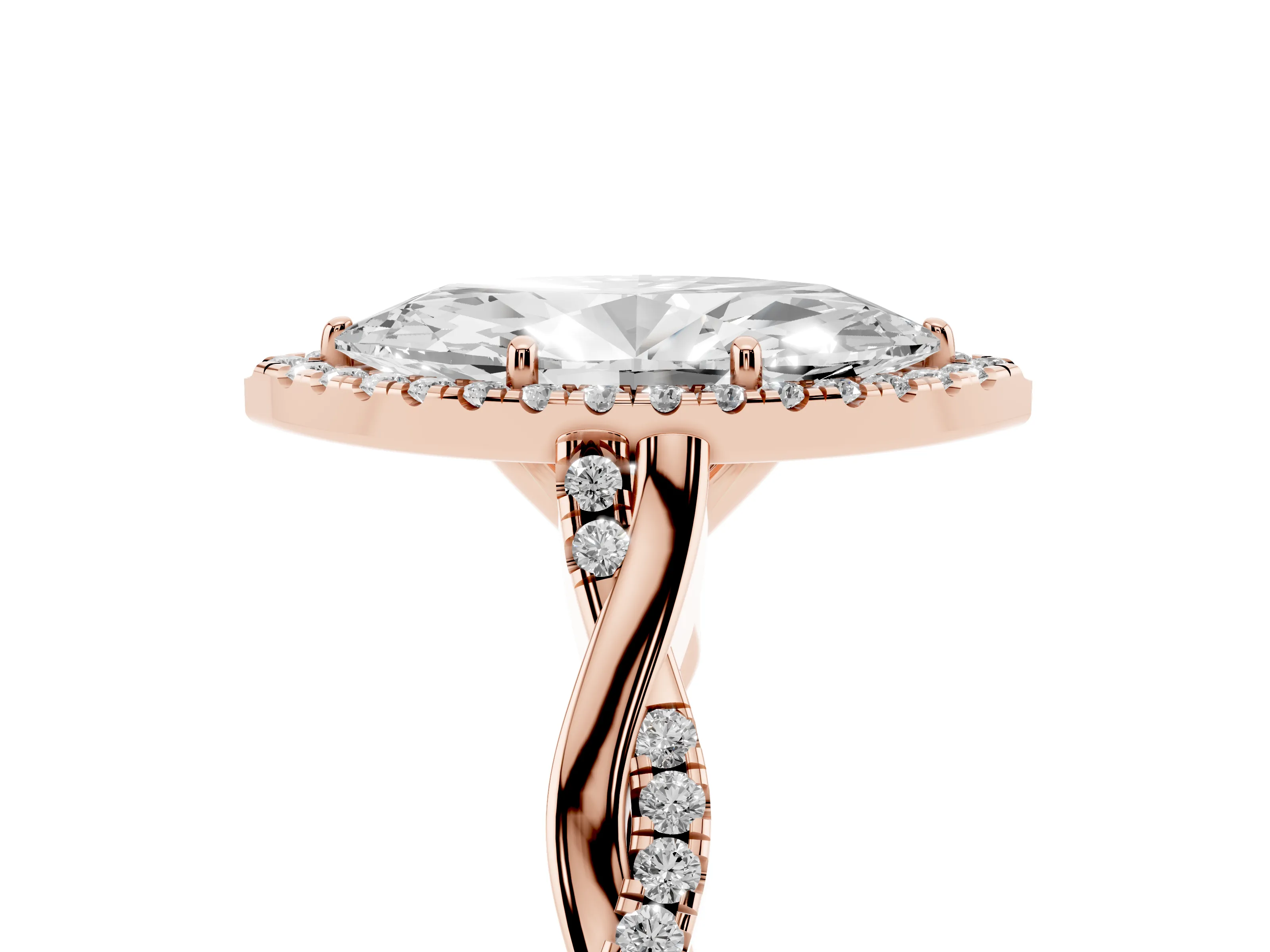 Marquise Cut Diamond Halo Twist Band Solitaire Ring Set in Rose gold with Prong Setting