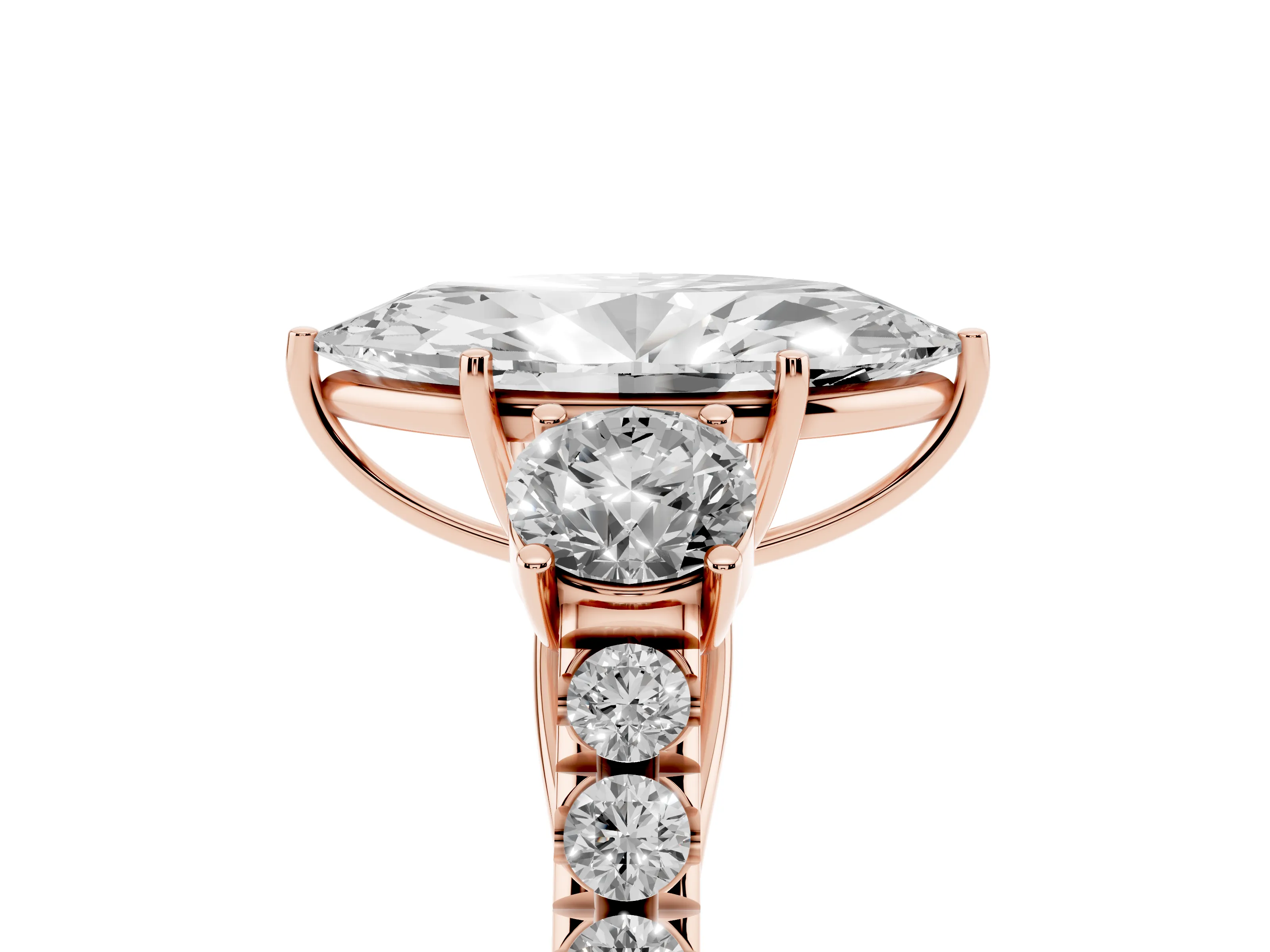 Marquise Cut Diamond Three-Stone Ring Set in Rose gold with Round Side Stones and Delicate Pavé Band