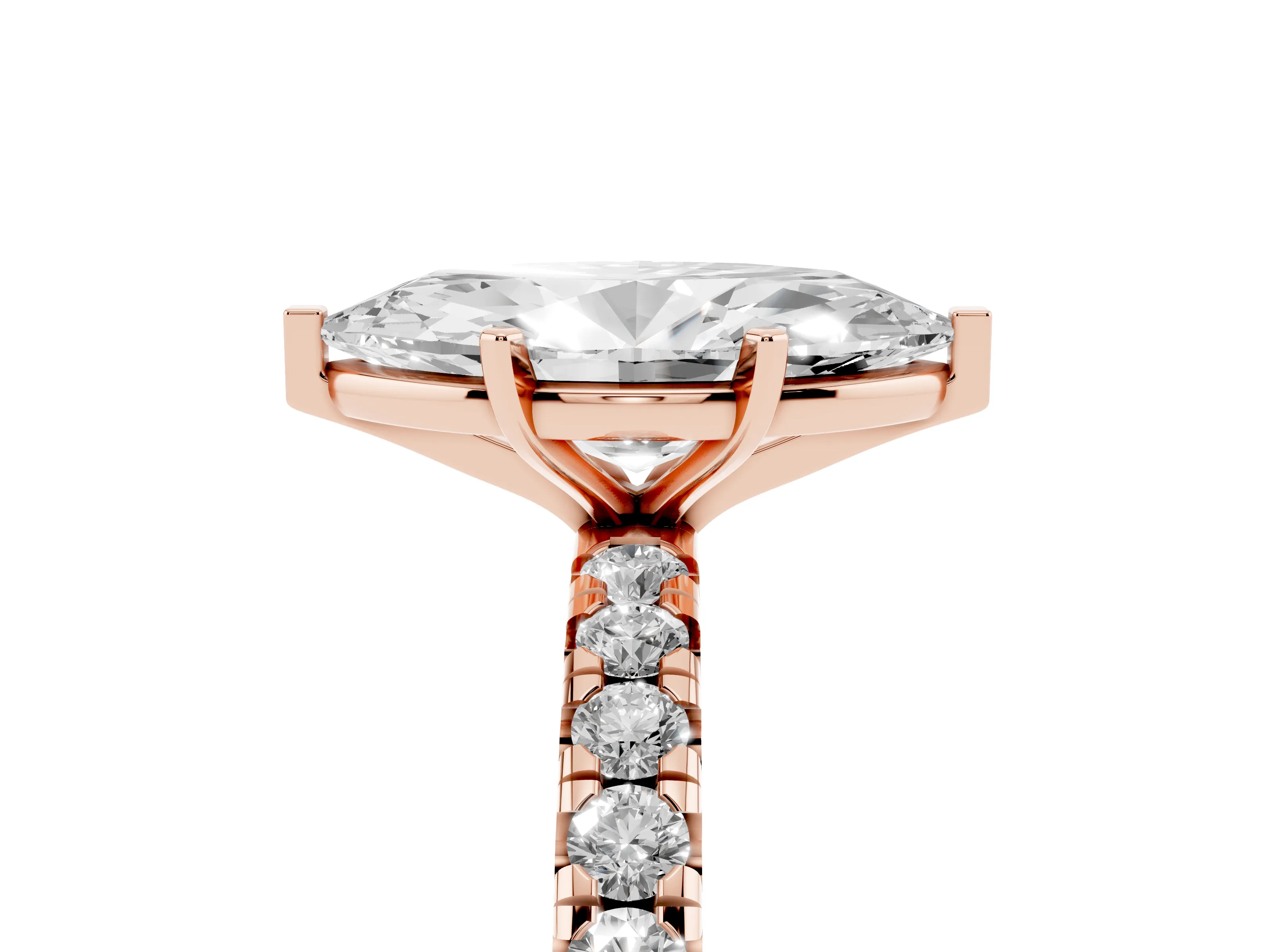 Marquise Cut Diamond Pavé Solitaire Ring Set in Rose gold with Round Band and Prong Setting