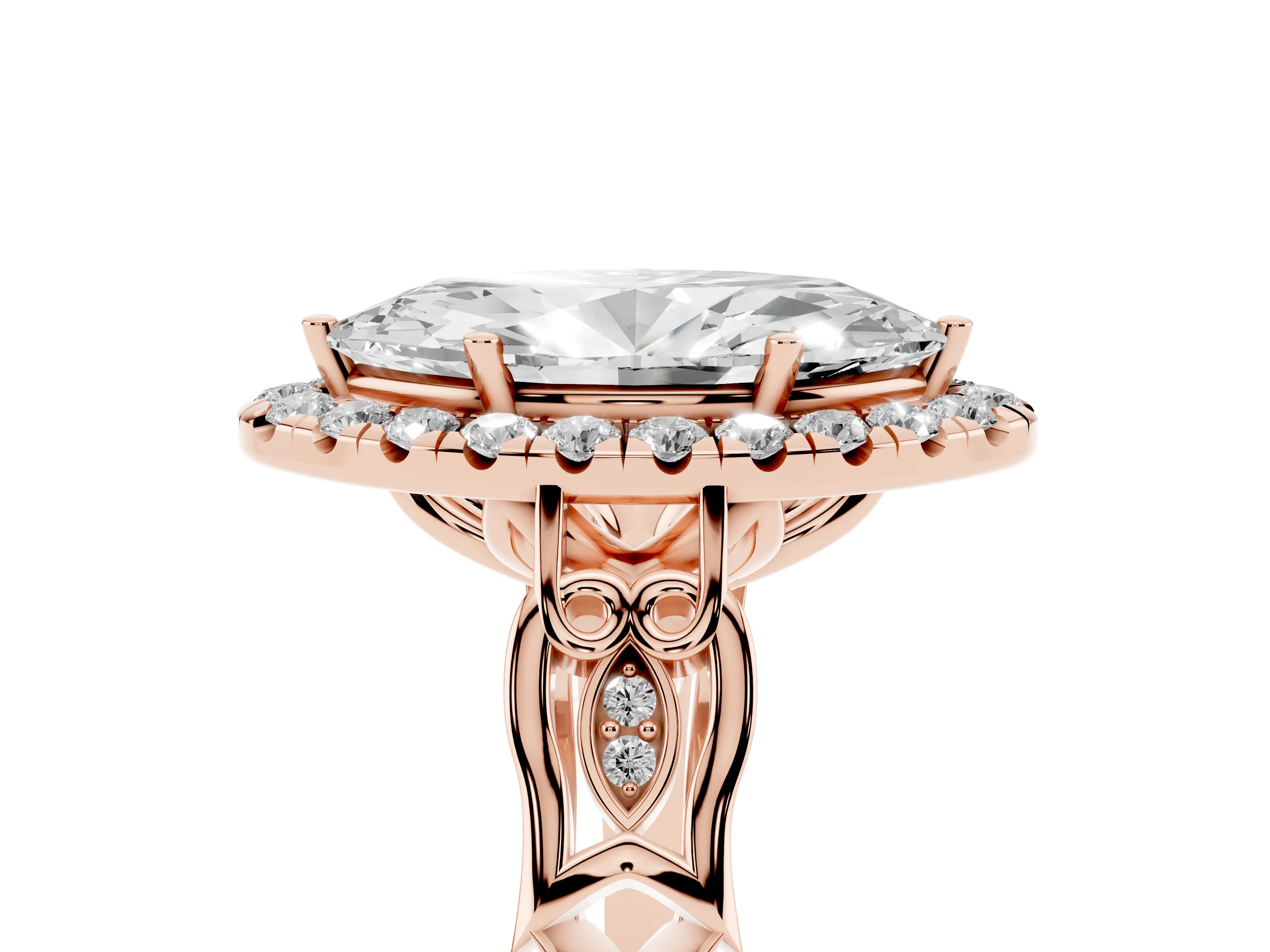 Marquise Cut Diamond Halo Engagement Ring Set in Rose gold with Filigree Band and Prong-Set Center