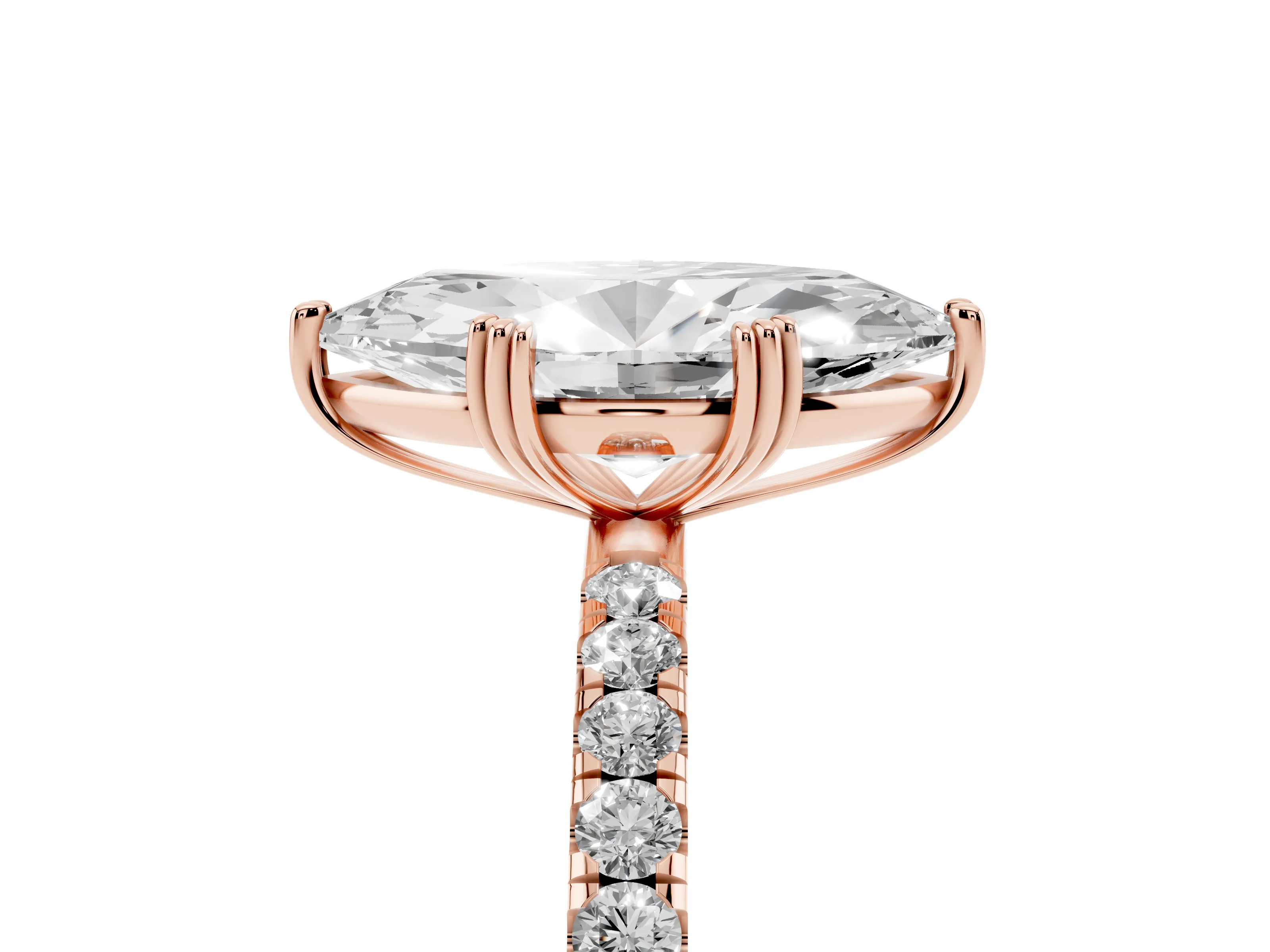 Marquise Cut Diamond Brilliant Solitaire Set in Rose gold with Pavé Band and Claw Prong Setting