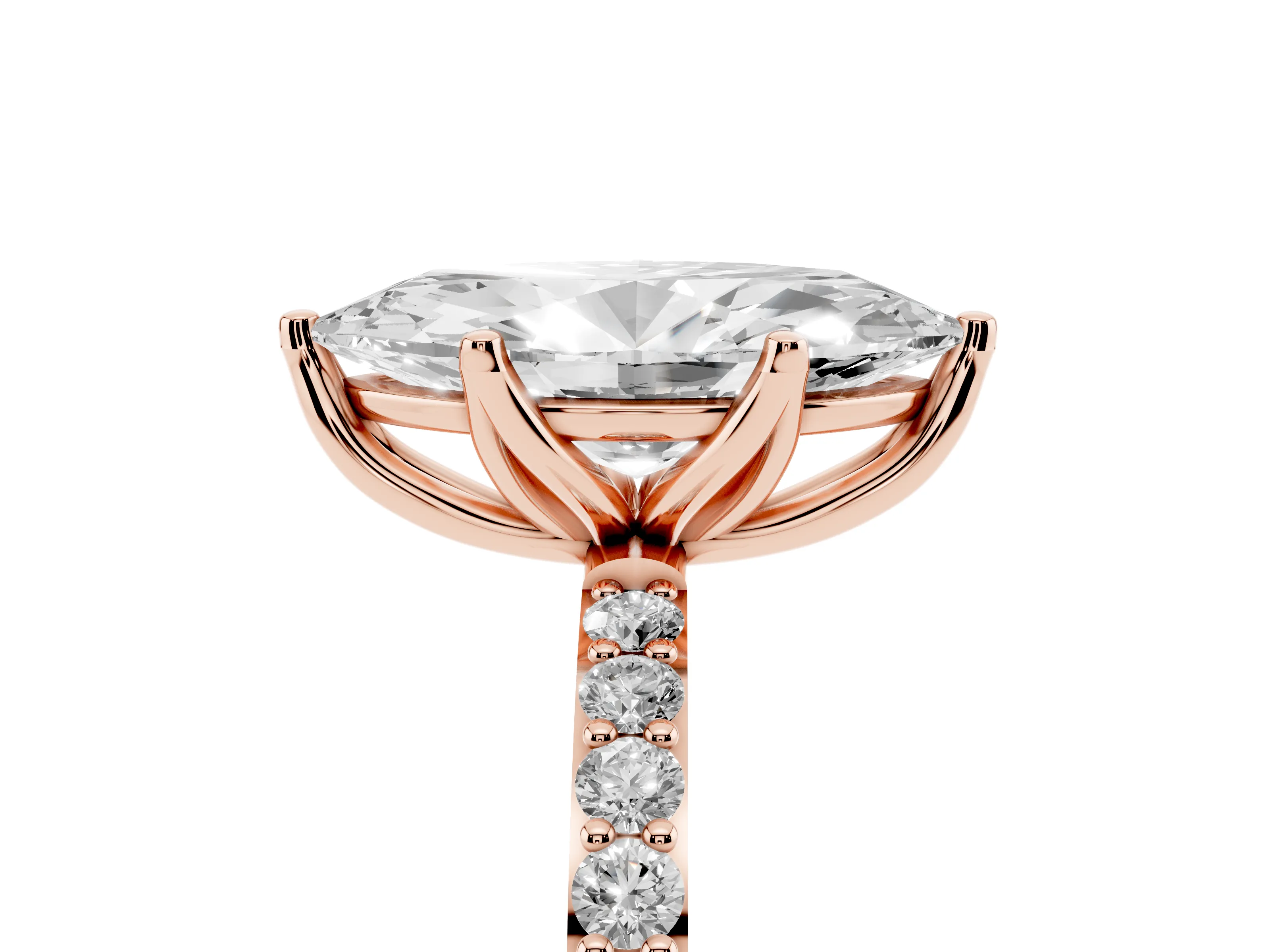 Marquise Cut Diamond Solitaire Engagement Ring Set in Rose gold with Round Pavé Band and Prong Setting