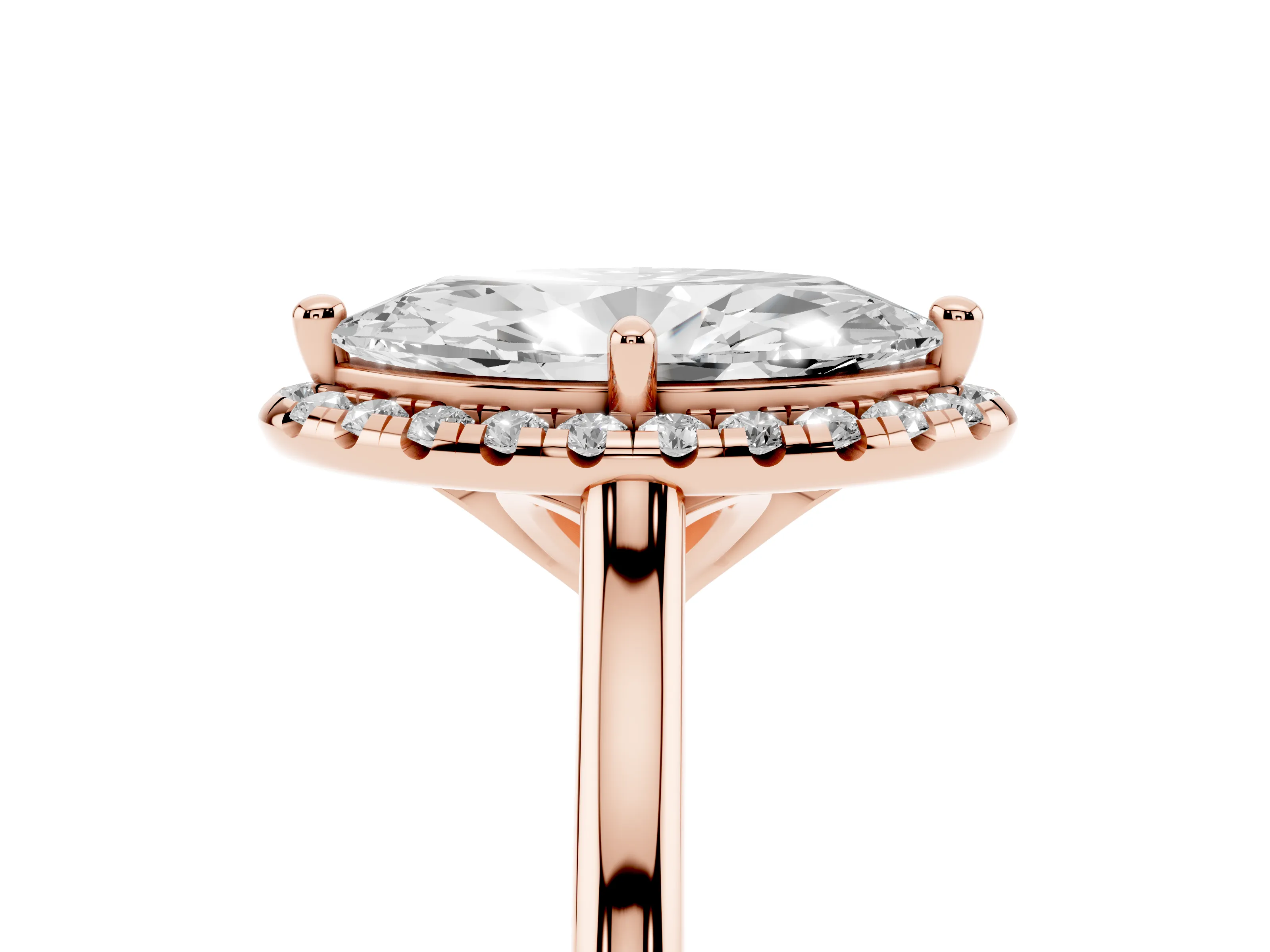 Marquise Cut Diamond Halo Engagement Ring Set in Rose gold with Pavé Band and Rising Shoulders