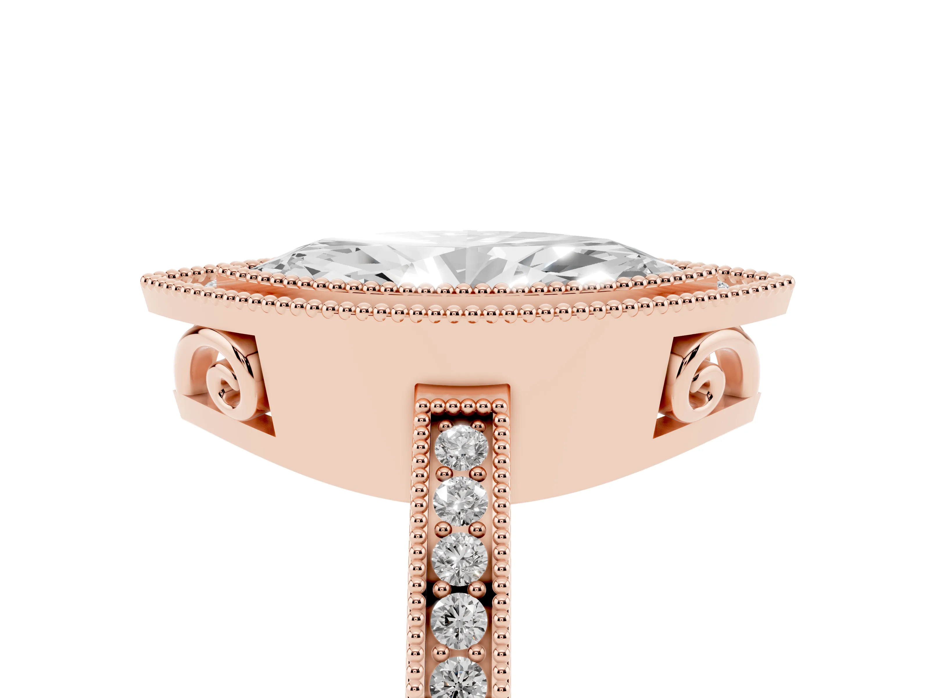 Marquise Cut Diamond Halo Ring Set in Rose gold with Pavé Band and Milgrain-Edged Prongs
