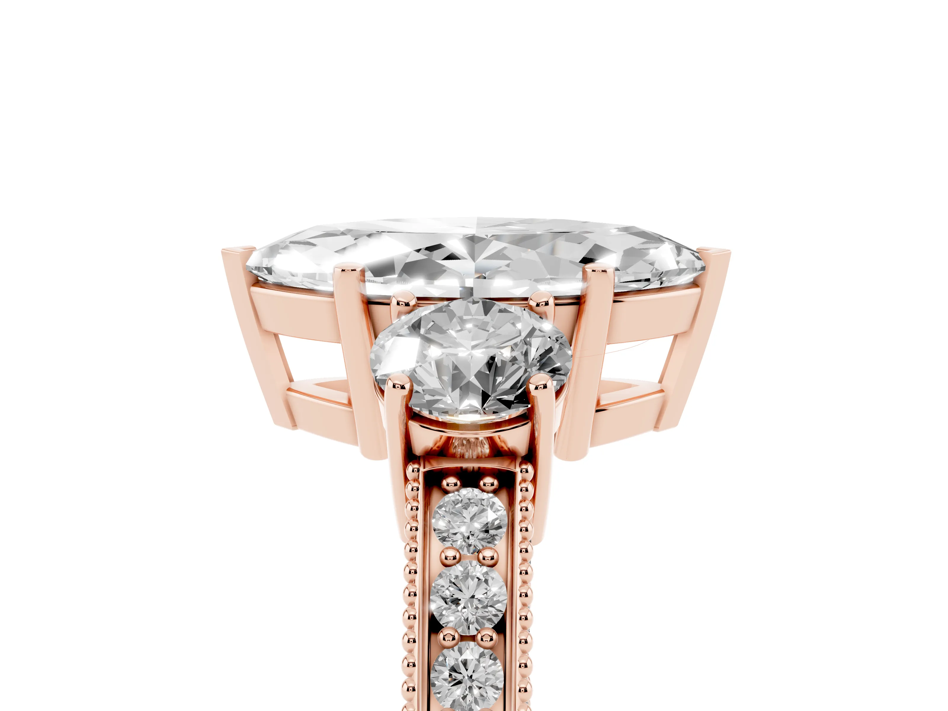 Marquise Cut Diamond Three-Stone Ring Set in Rose gold with Round Side Stones and Pavé Band