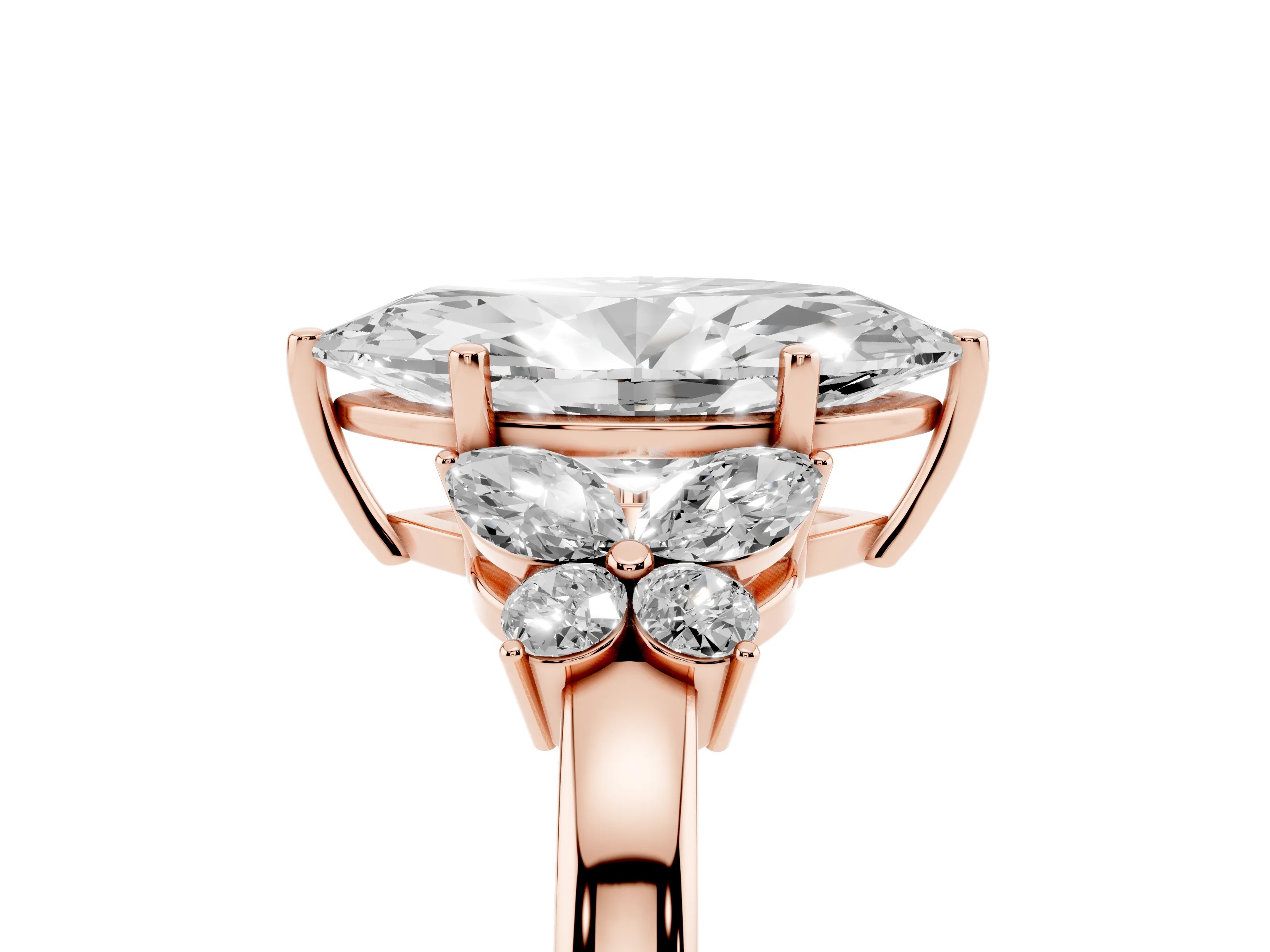 Marquise Cut Diamond Solitaire Floral Ring Set in Rose gold with Marquise Petals and Prong Setting