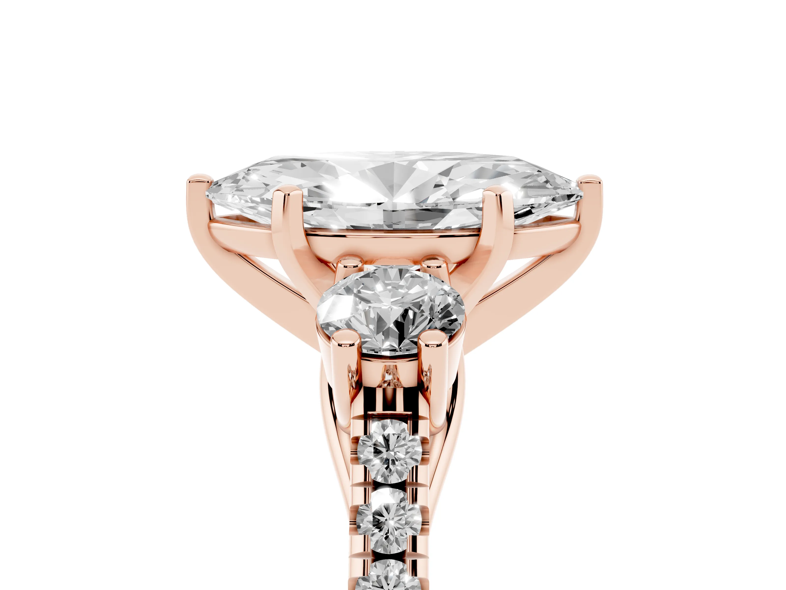 Three-Stone Marquise Cut Diamond Pavé Band Ring Set in Rose gold with Prong-Set Trio