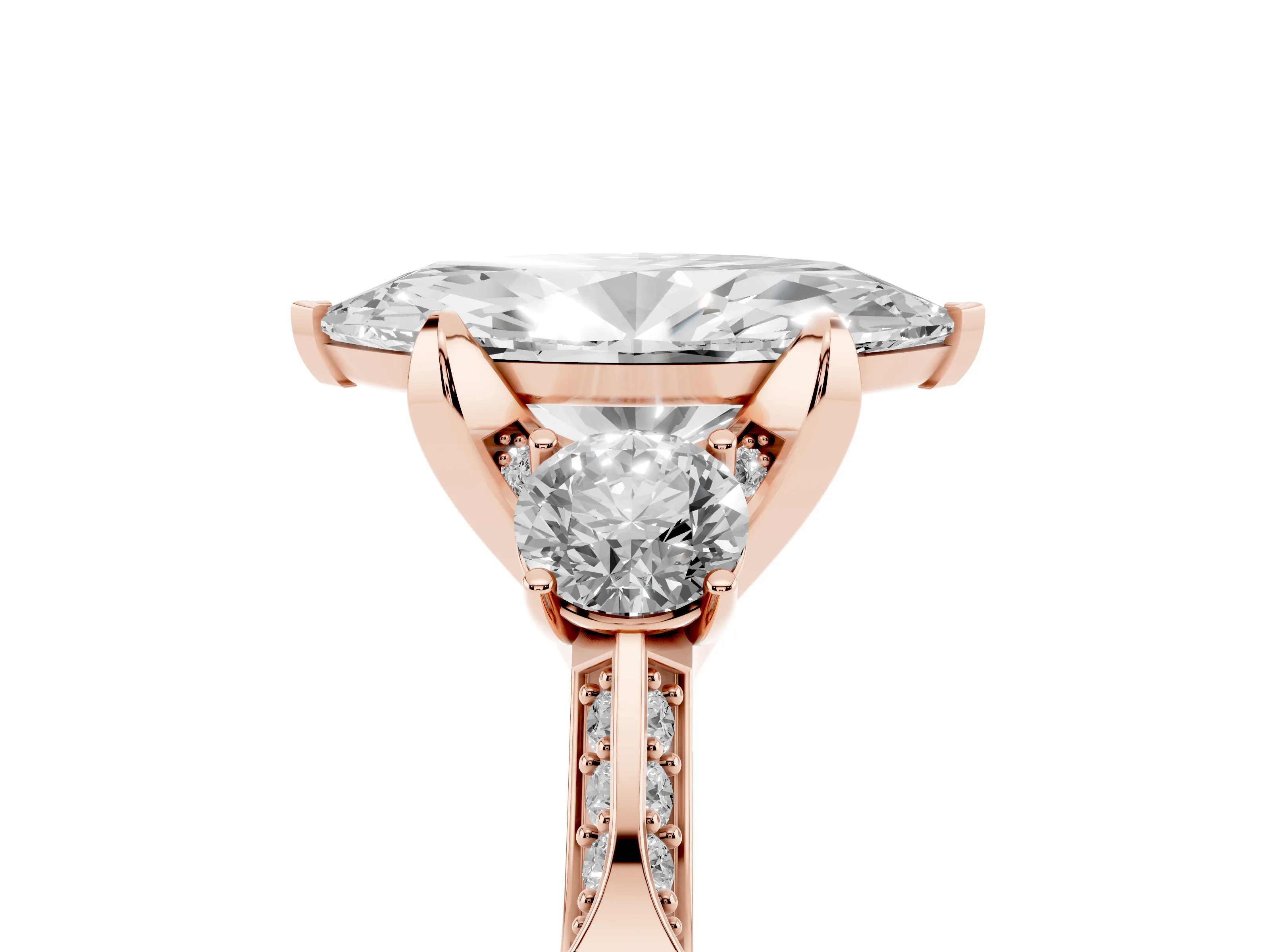 Marquise Cut Diamond Three-Stone Ring Set in Rose gold with Pavé Band and Smaller Side Stones