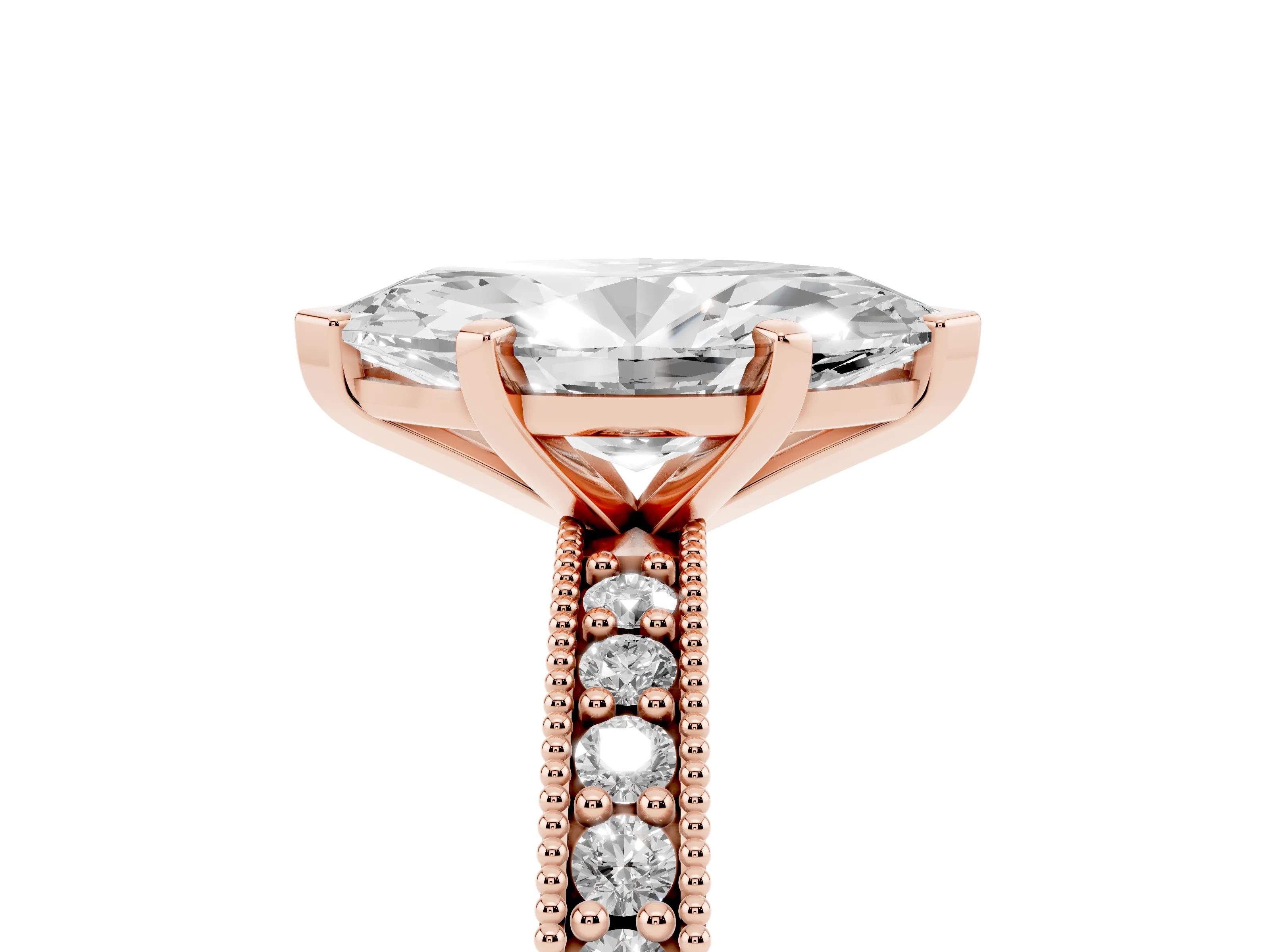 Marquise Cut Diamond Milgrain Pavé Engagement Ring Set in Rose gold with Prong Setting