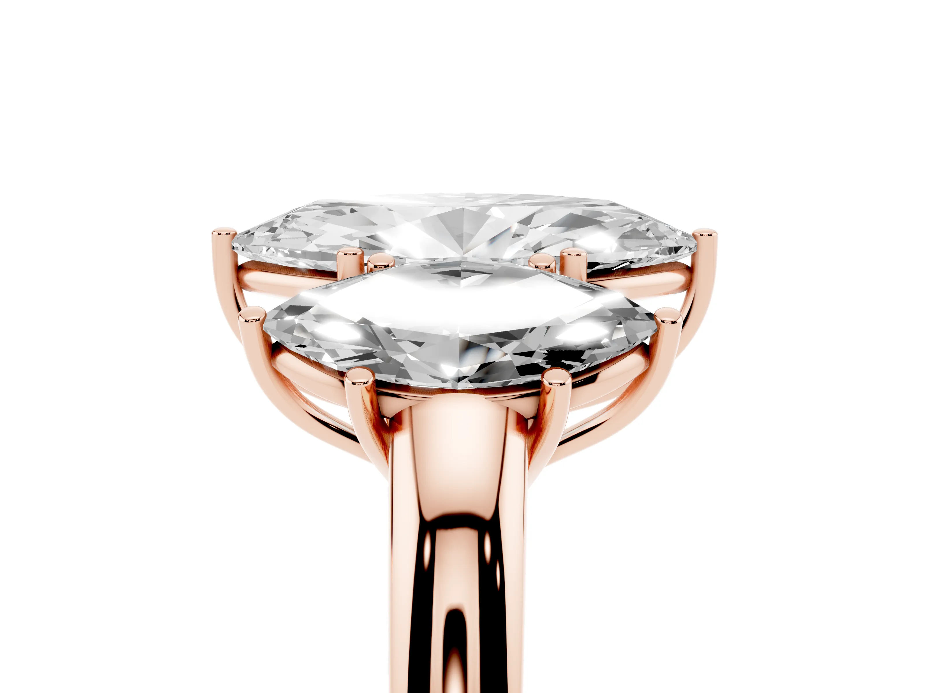 Marquise Cut Diamond Three-Stone Ring Set in Rose gold with Bold Center and Classic Band