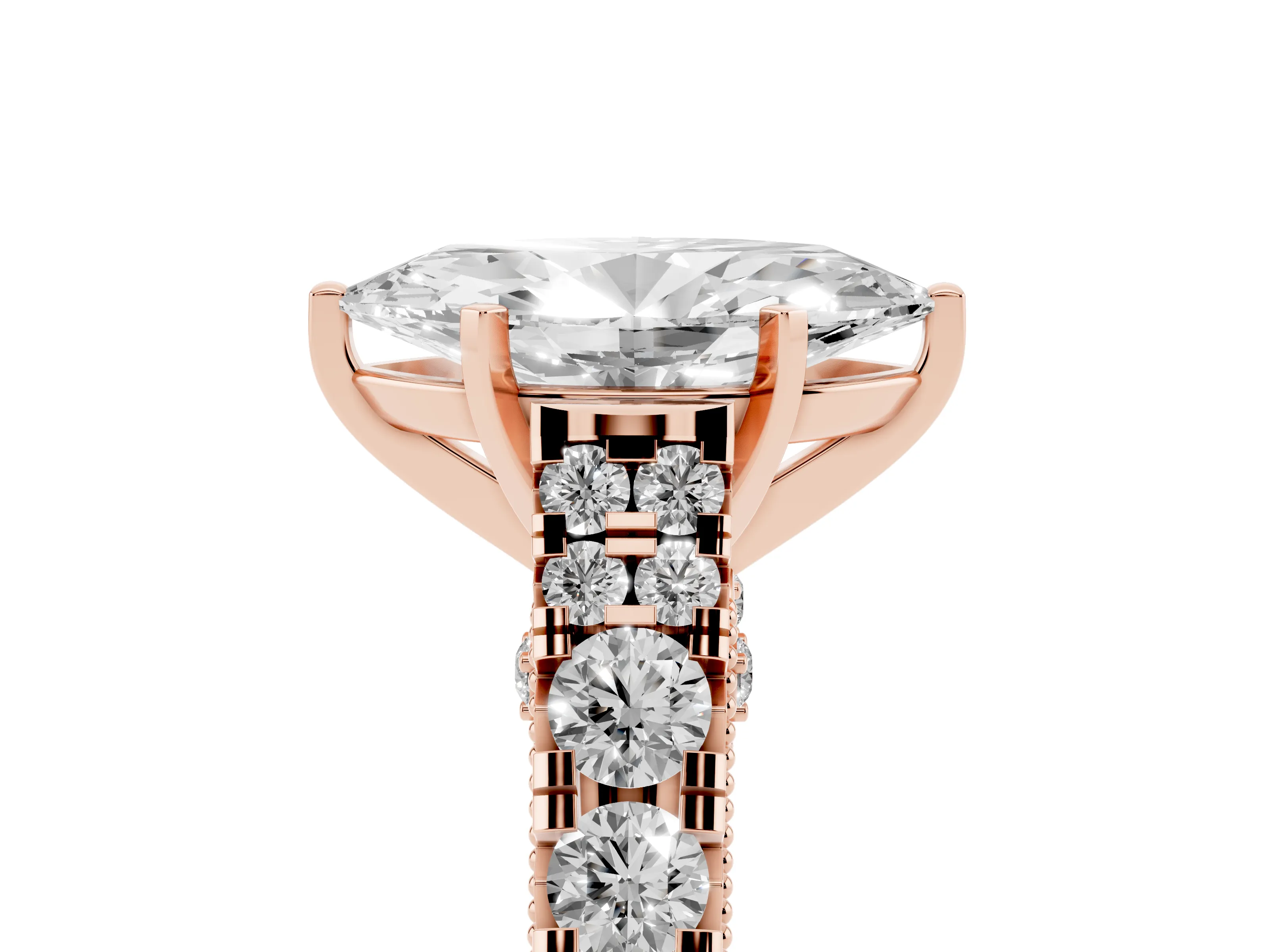Marquise Cut Diamond Classic Solitaire Ring Set in Rose gold with Pavé Band and Prong Setting