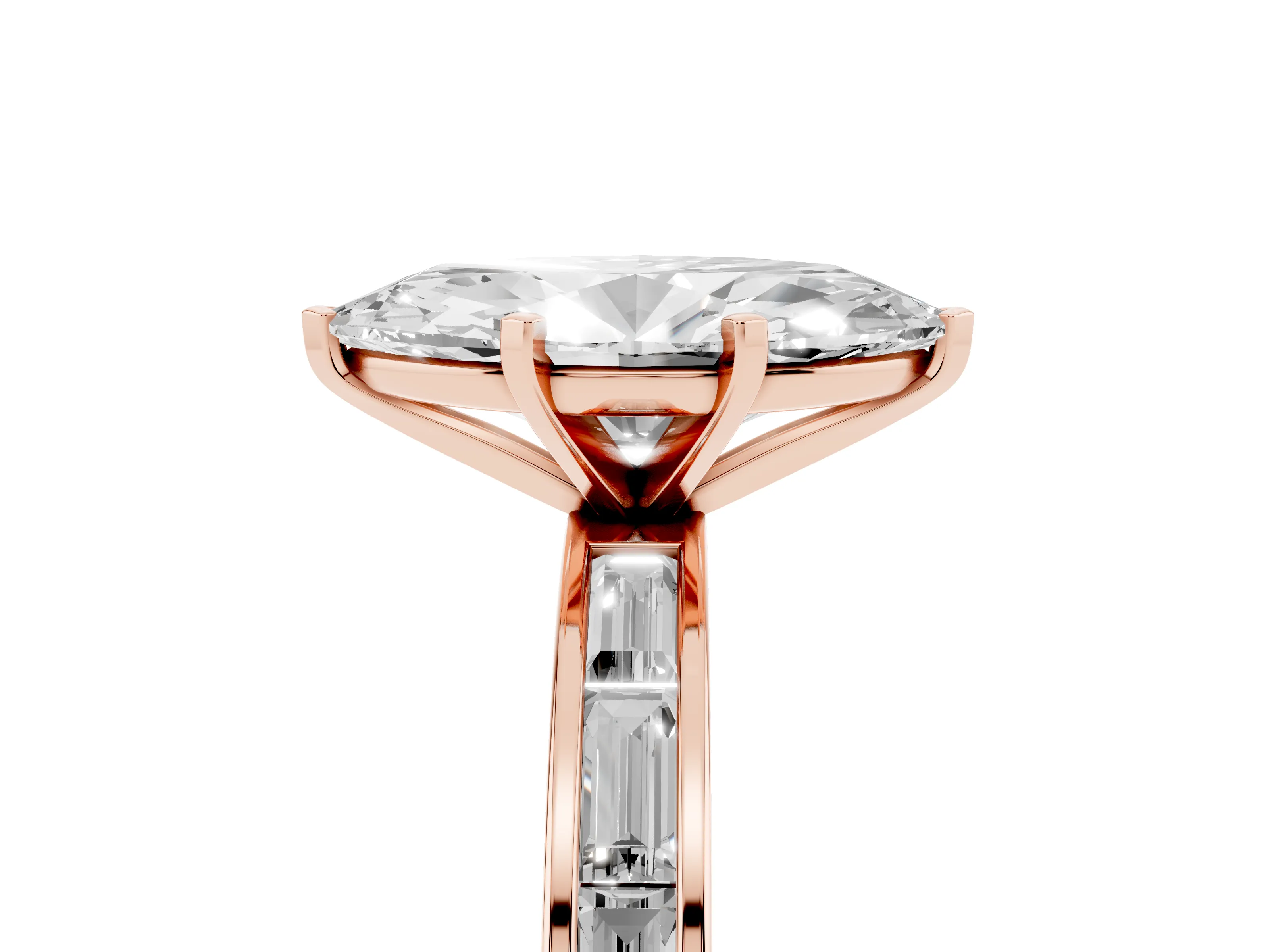 Marquise Cut Diamond Solitaire Ring Set in Rose gold with Channel-Set Baguette Band and Prong Setting