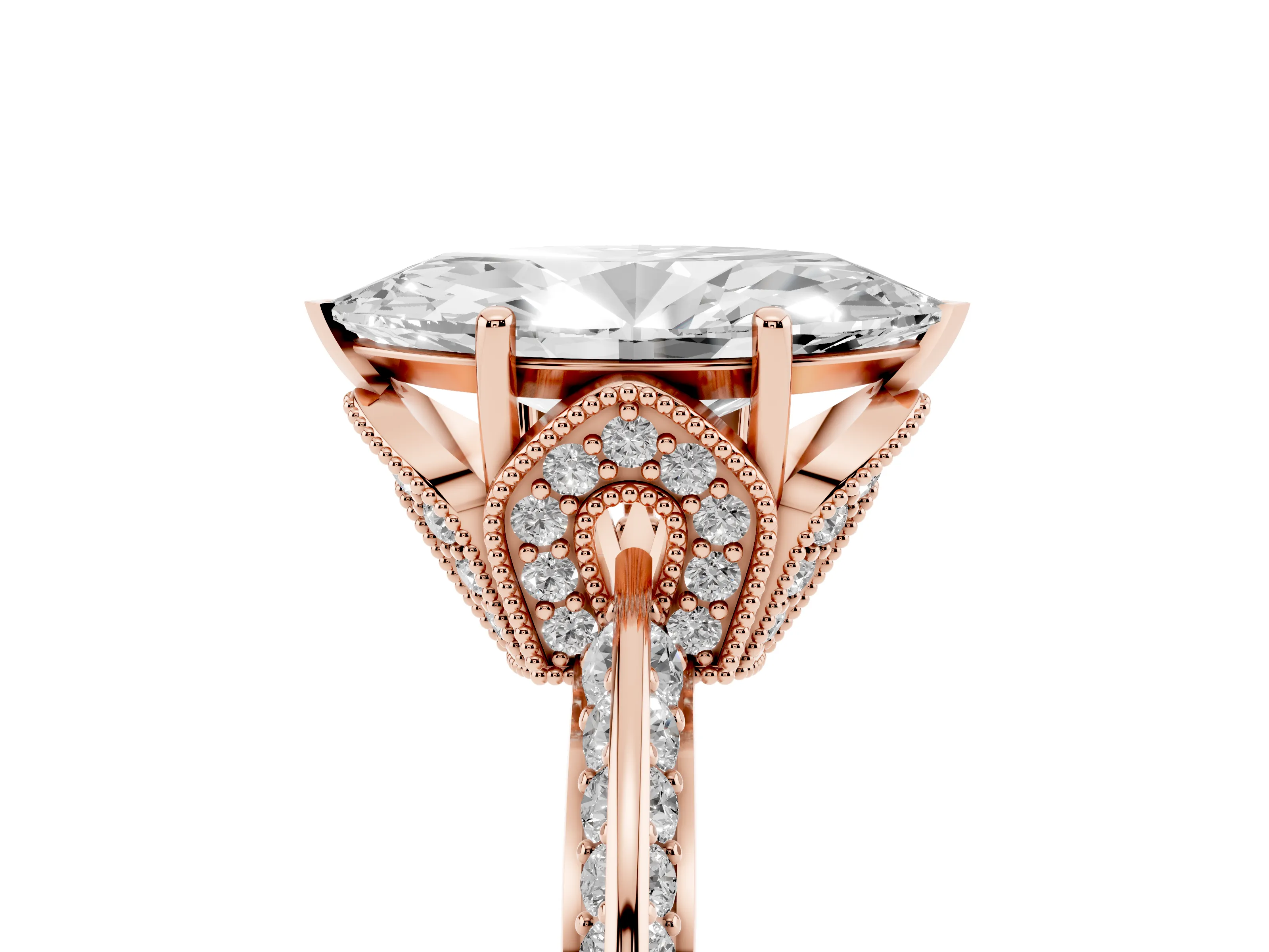 Marquise Cut Diamond Solitaire Engagement Ring Set in Rose gold with Pavé Split Shank and Prong Setting