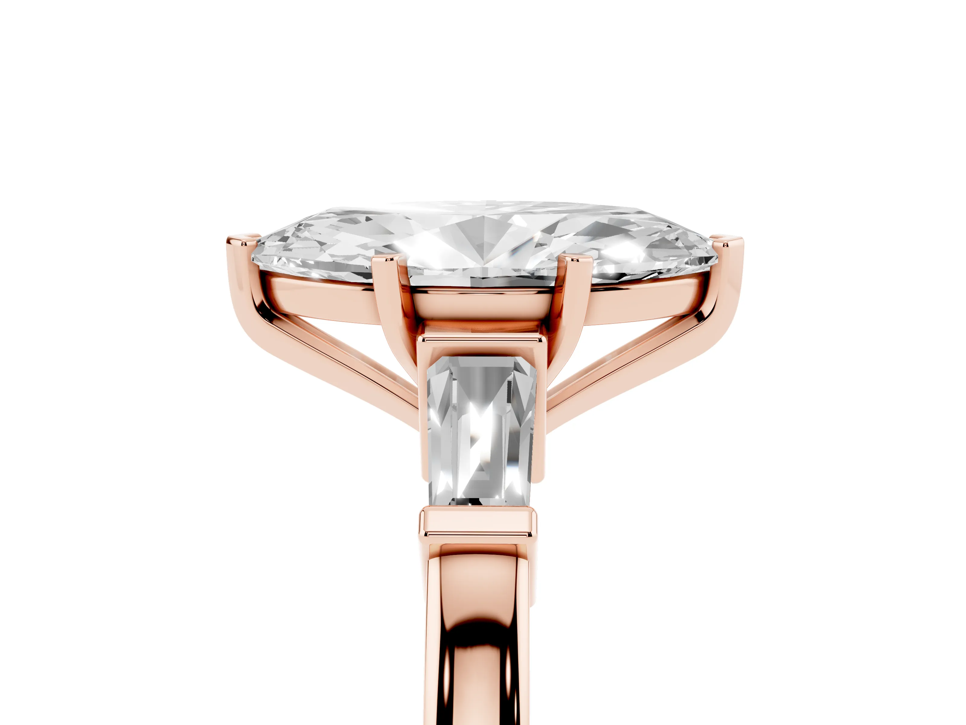 Marquise Cut Diamond Solitaire Ring Set in Rose gold with Tapered Baguette Accents and Prong Setting