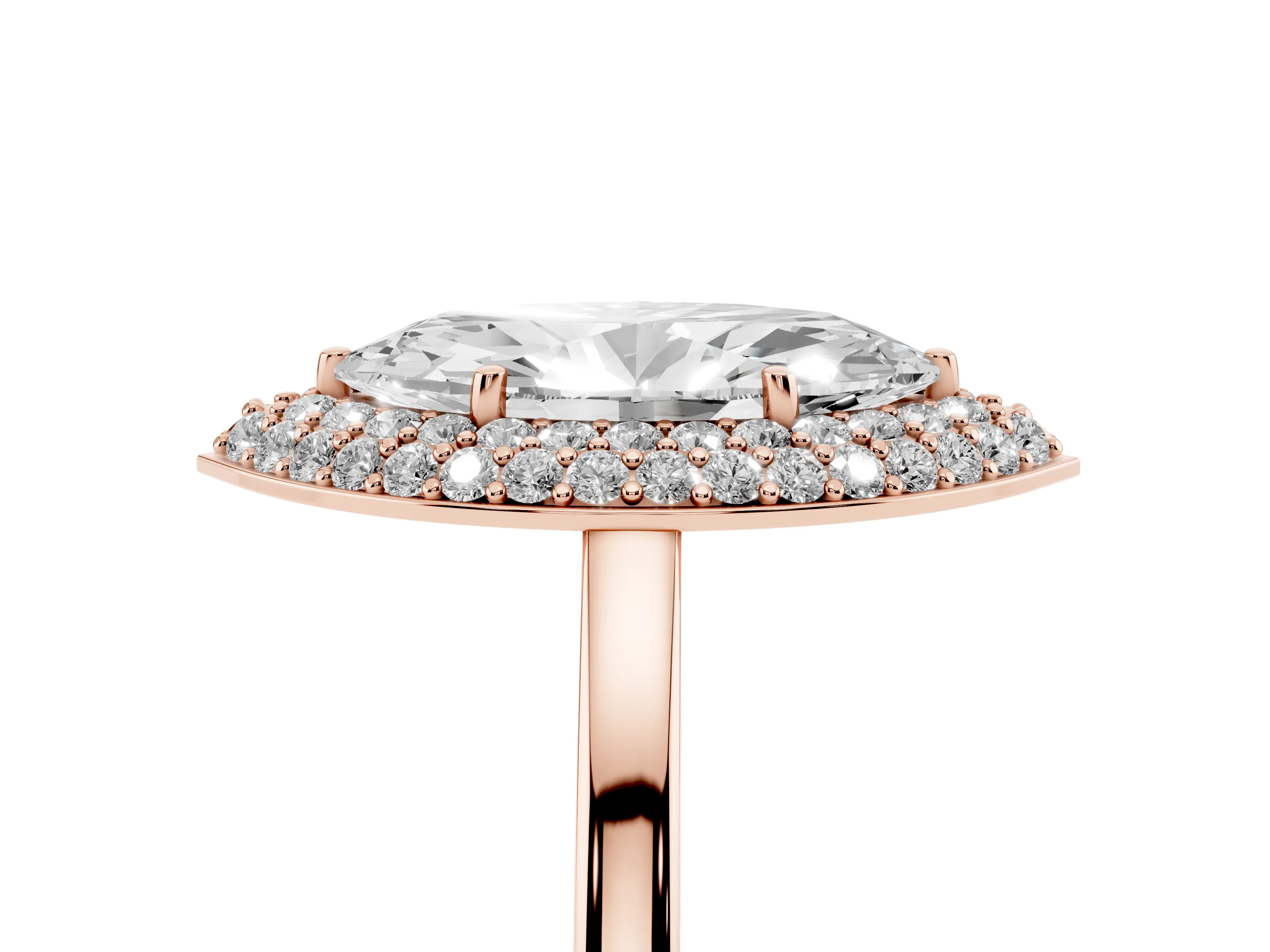 Marquise Cut Diamond Halo Engagement Ring Set in Rose gold with Solitaire Band and Prong Setting