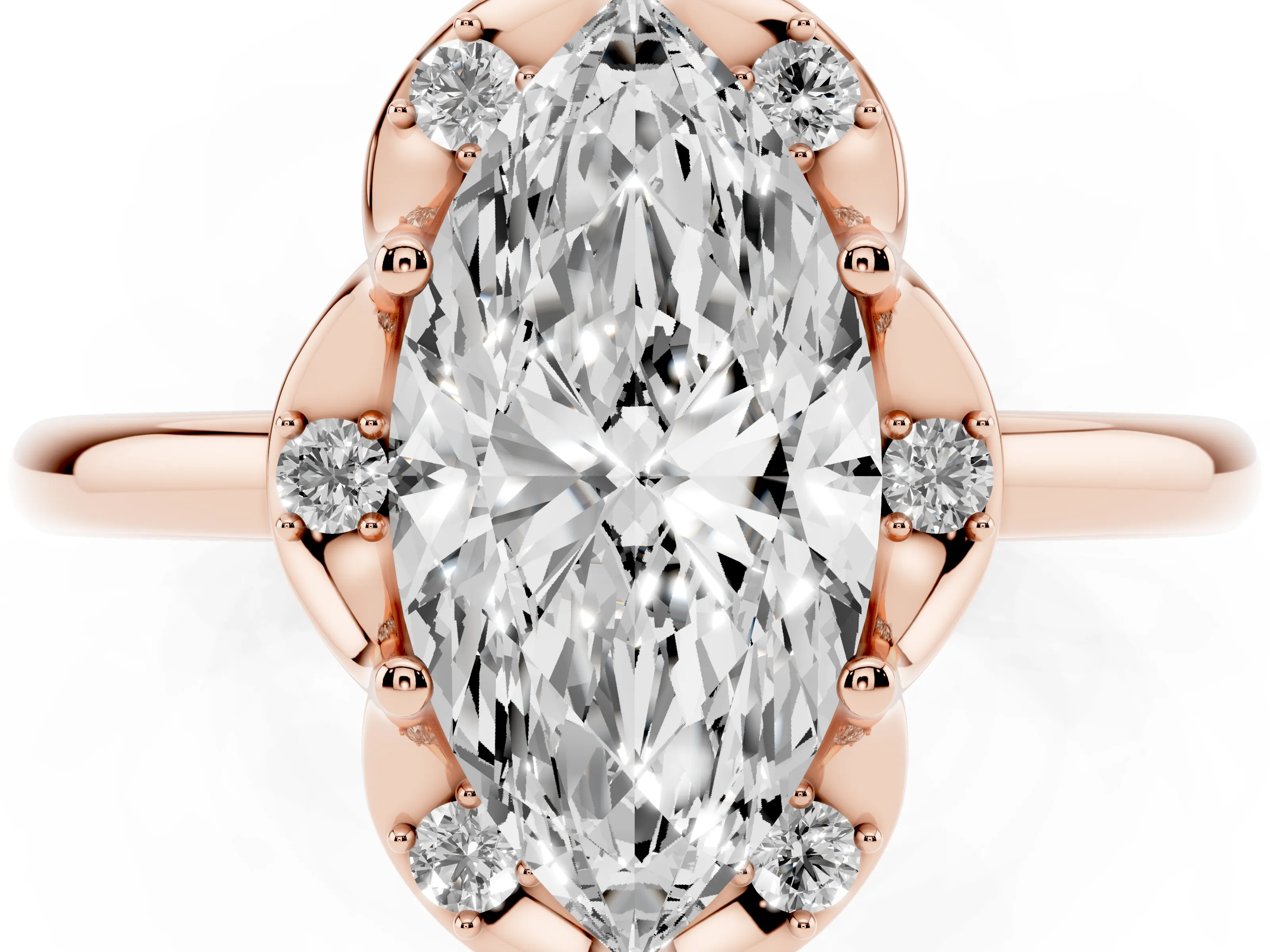 Marquise Cut Diamond Round Cluster Halo Ring Set in Rose gold with Solitaire Band and Prong Setting