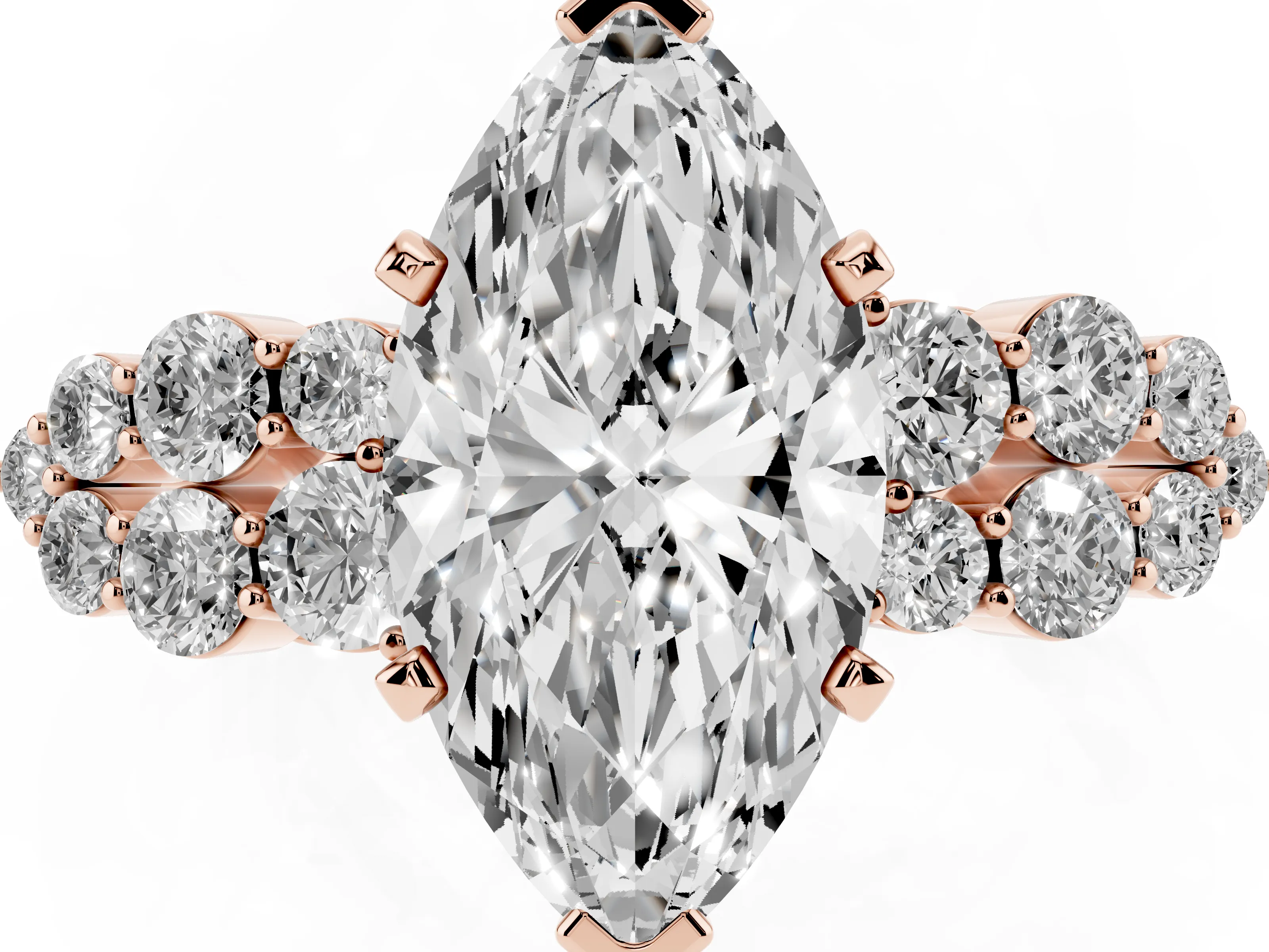 Marquise Cut Diamond Cluster Engagement Ring Set in Rose gold with Pavé Band and Prong Setting