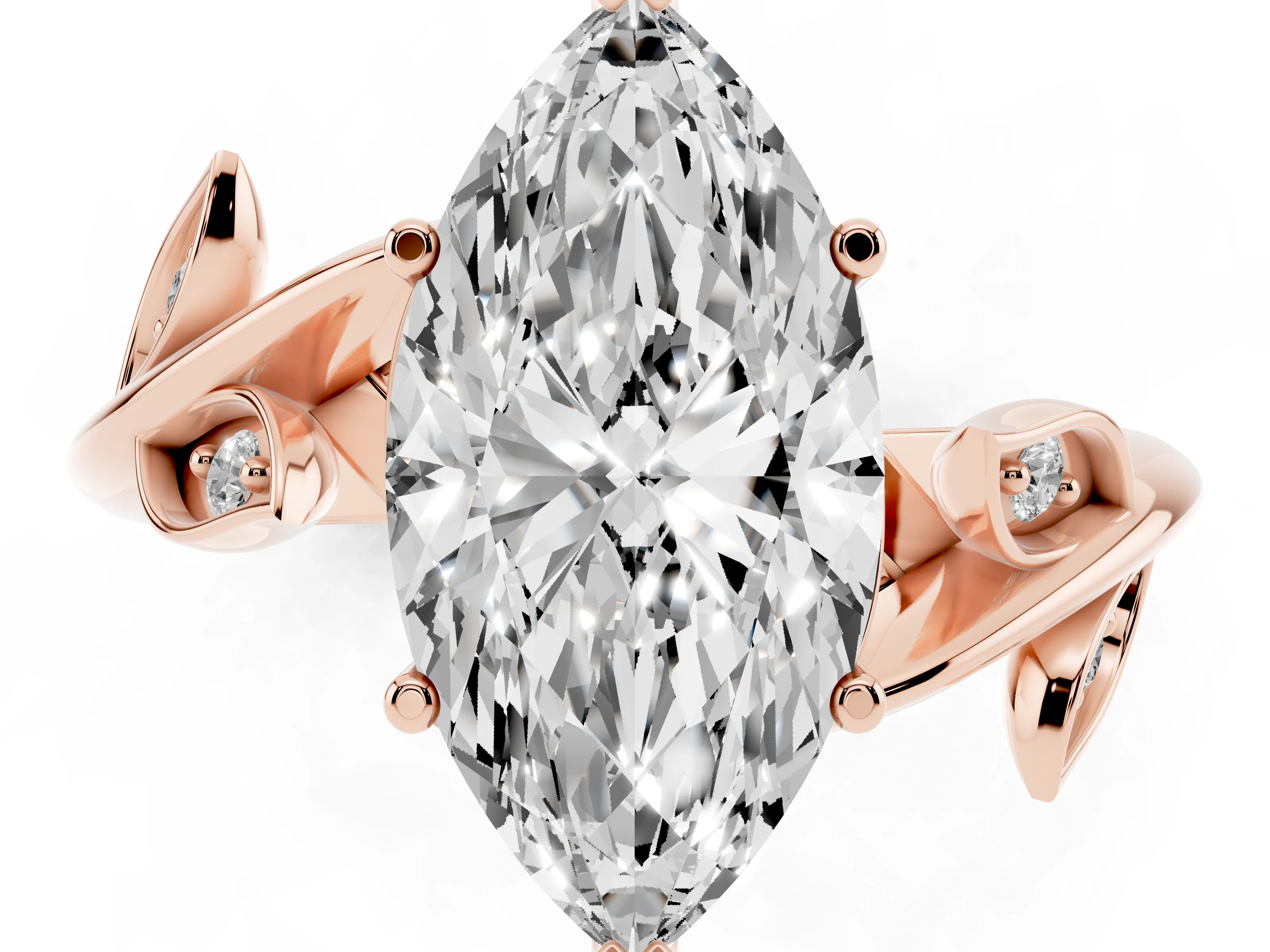 Marquise Cut Diamond Solitaire Twist Engagement Ring Set in Rose gold with Pavé Leaf Accents