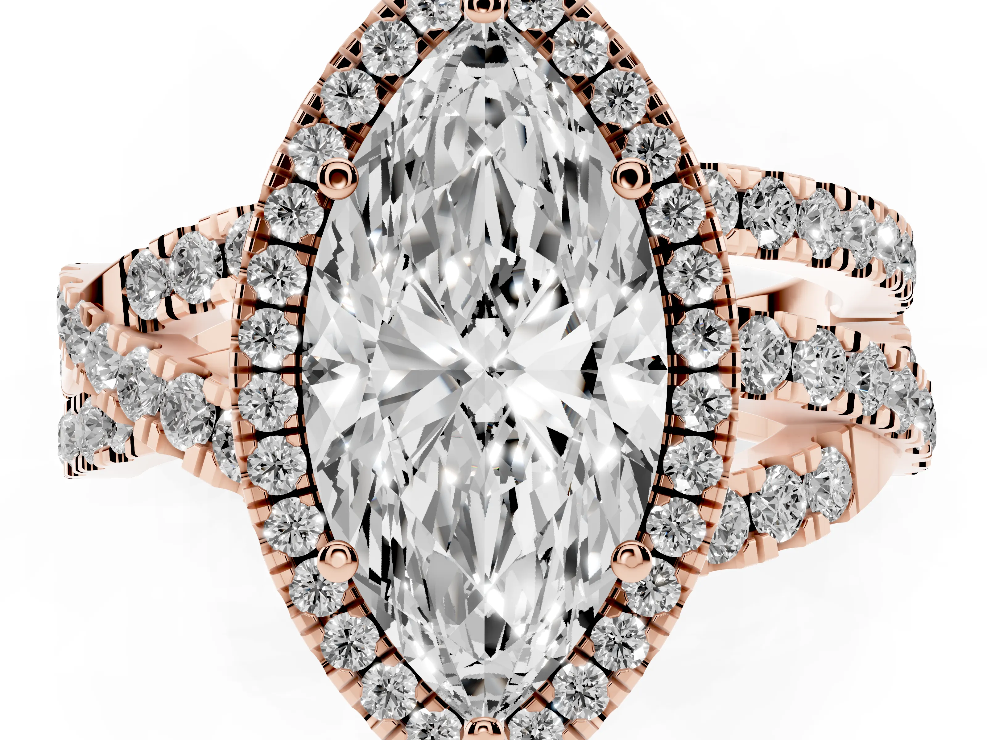 Marquise Cut Diamond Halo Ring Set in Rose gold with Round Crossover Split Shank and Prong Setting