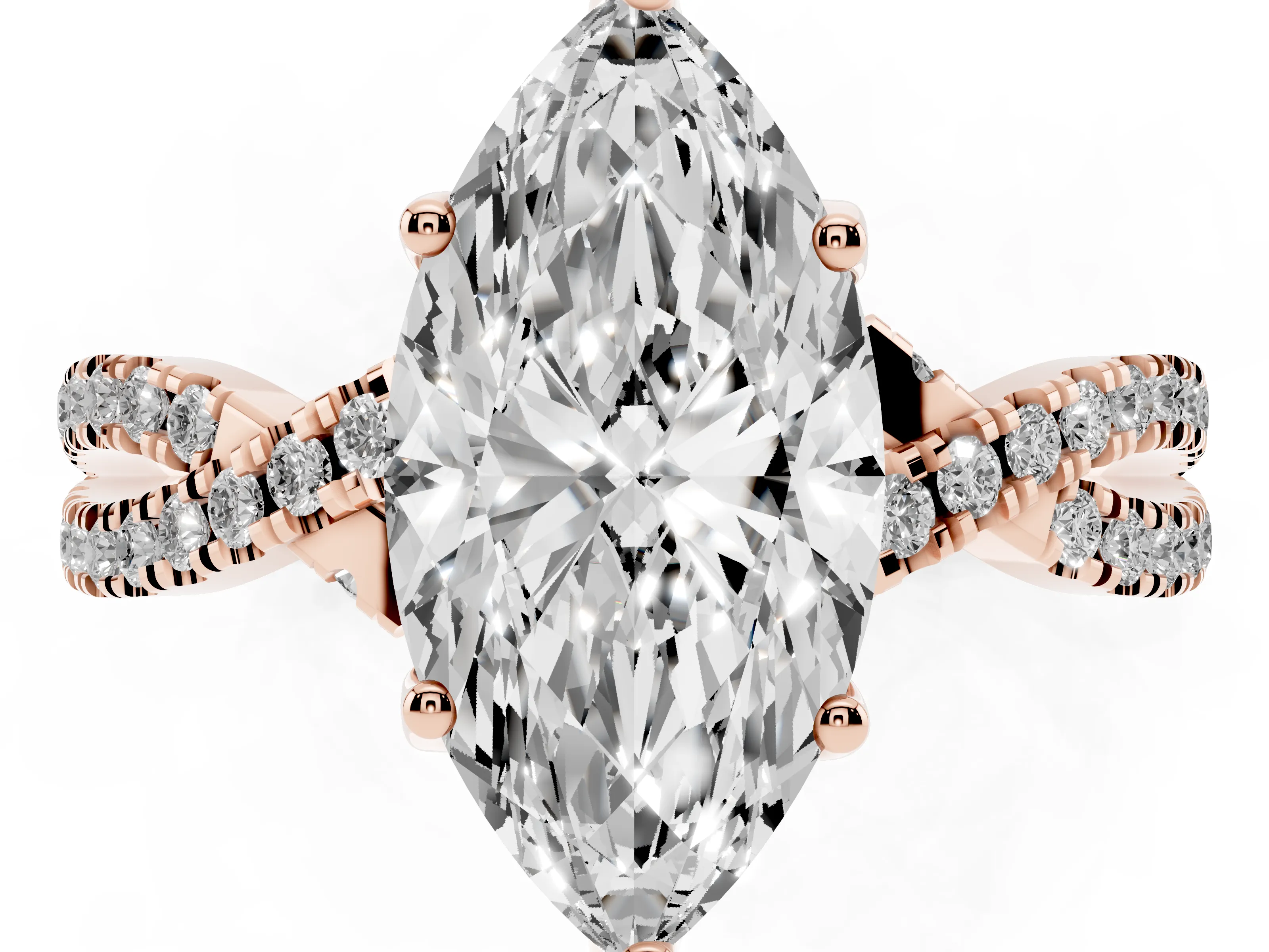 Marquise Cut Diamond Twist Pavé Solitaire Engagement Ring Set in Rose gold with Prong Setting