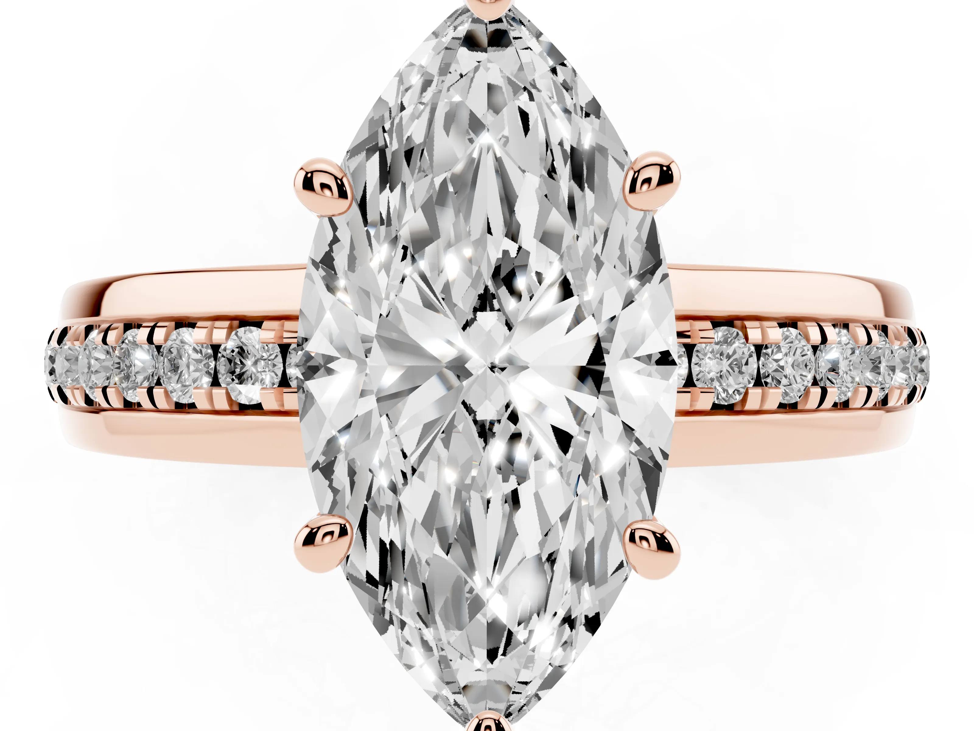 Marquise Cut Diamond Solitaire Ring Set in Rose gold with Channel Set Band and Prong Setting
