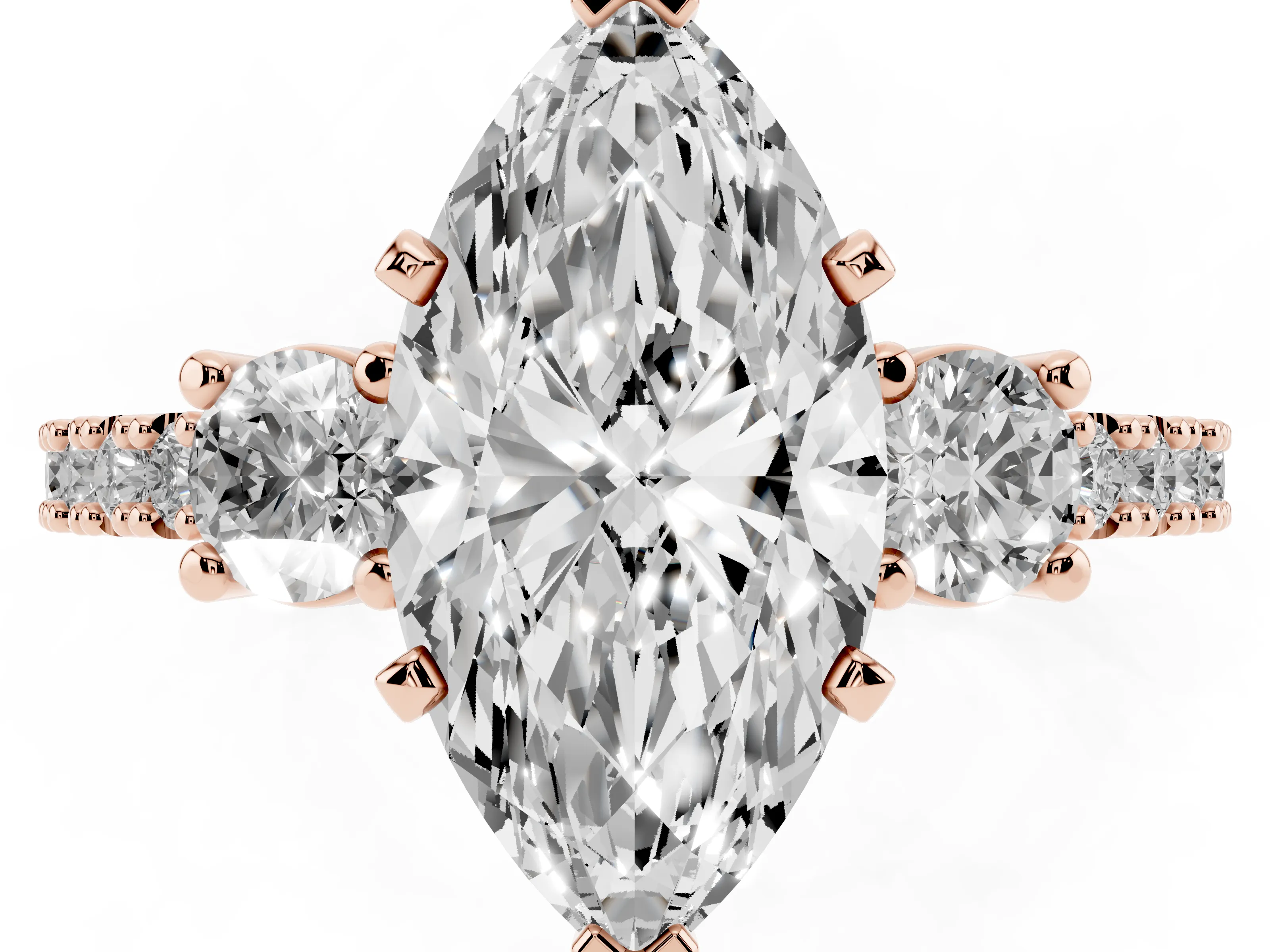 Three-Stone Marquise Cut Diamond Pavé Band Ring Set in Rose gold with Prong Setting