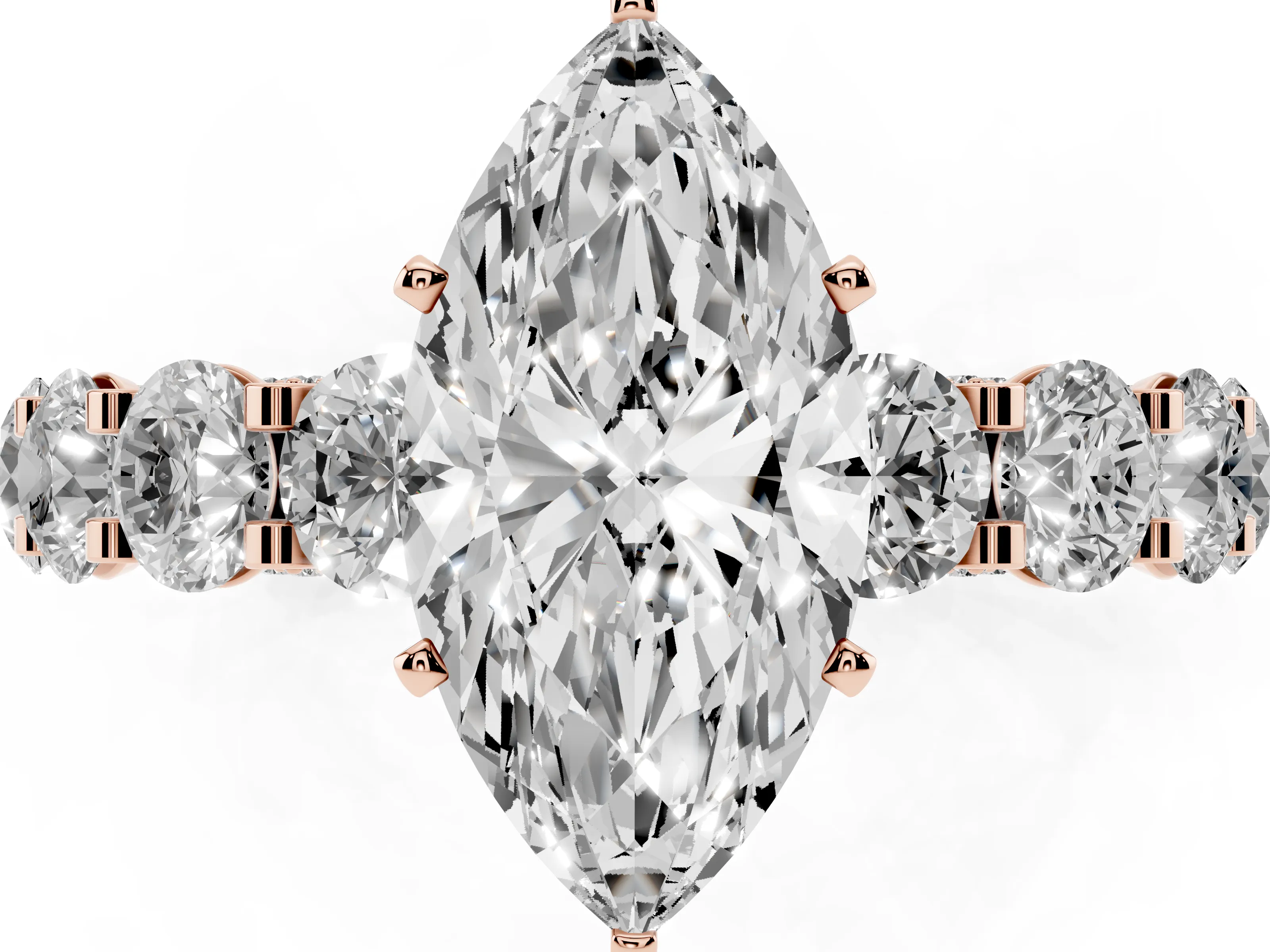 Marquise Cut Diamond Side Stone Ring Set in Rose gold with Alternating Round and Oval Side Stones