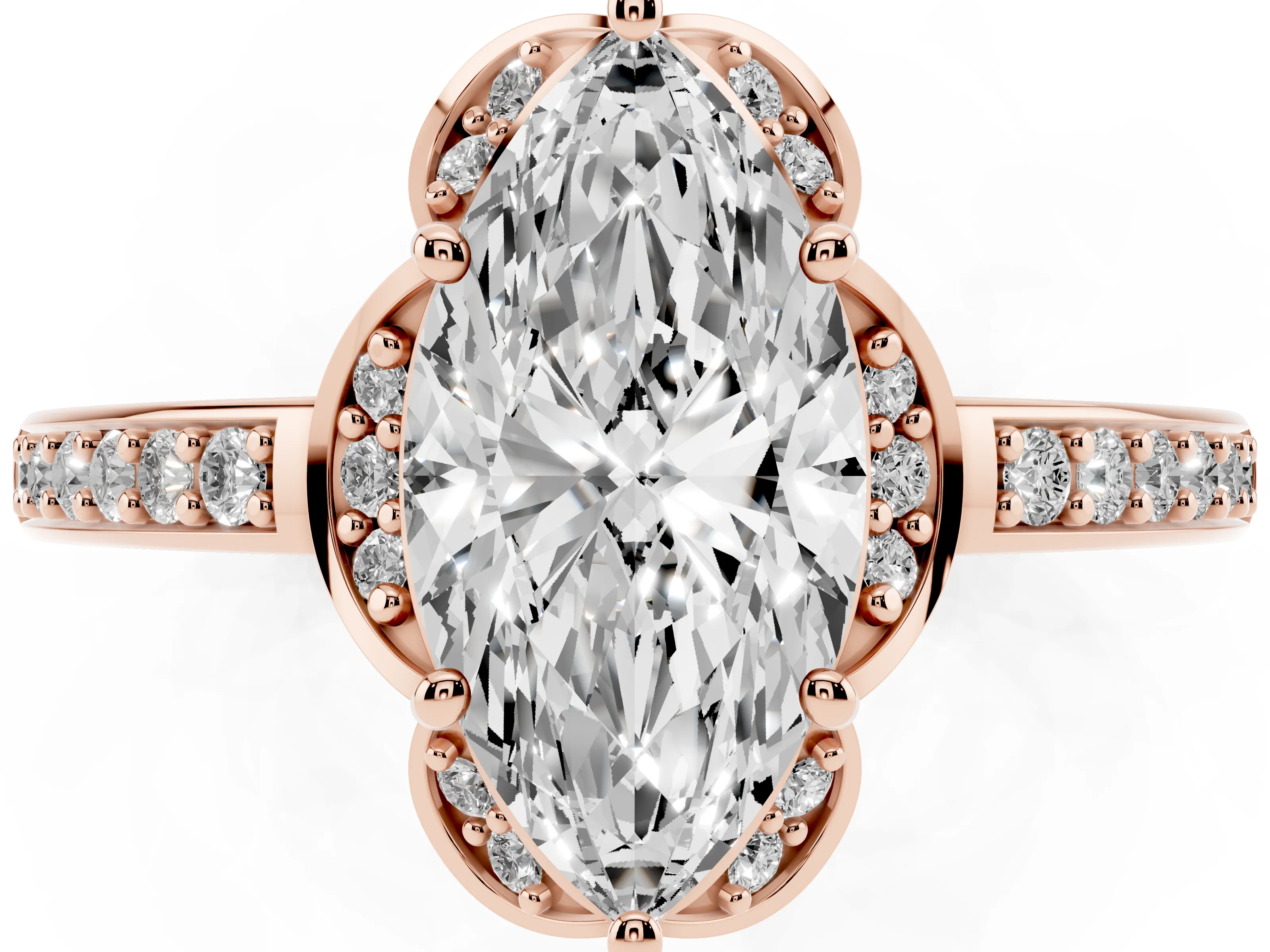 Marquise Cut Diamond Halo Ring Set in Rose gold with Channel Set Band and Prong Setting