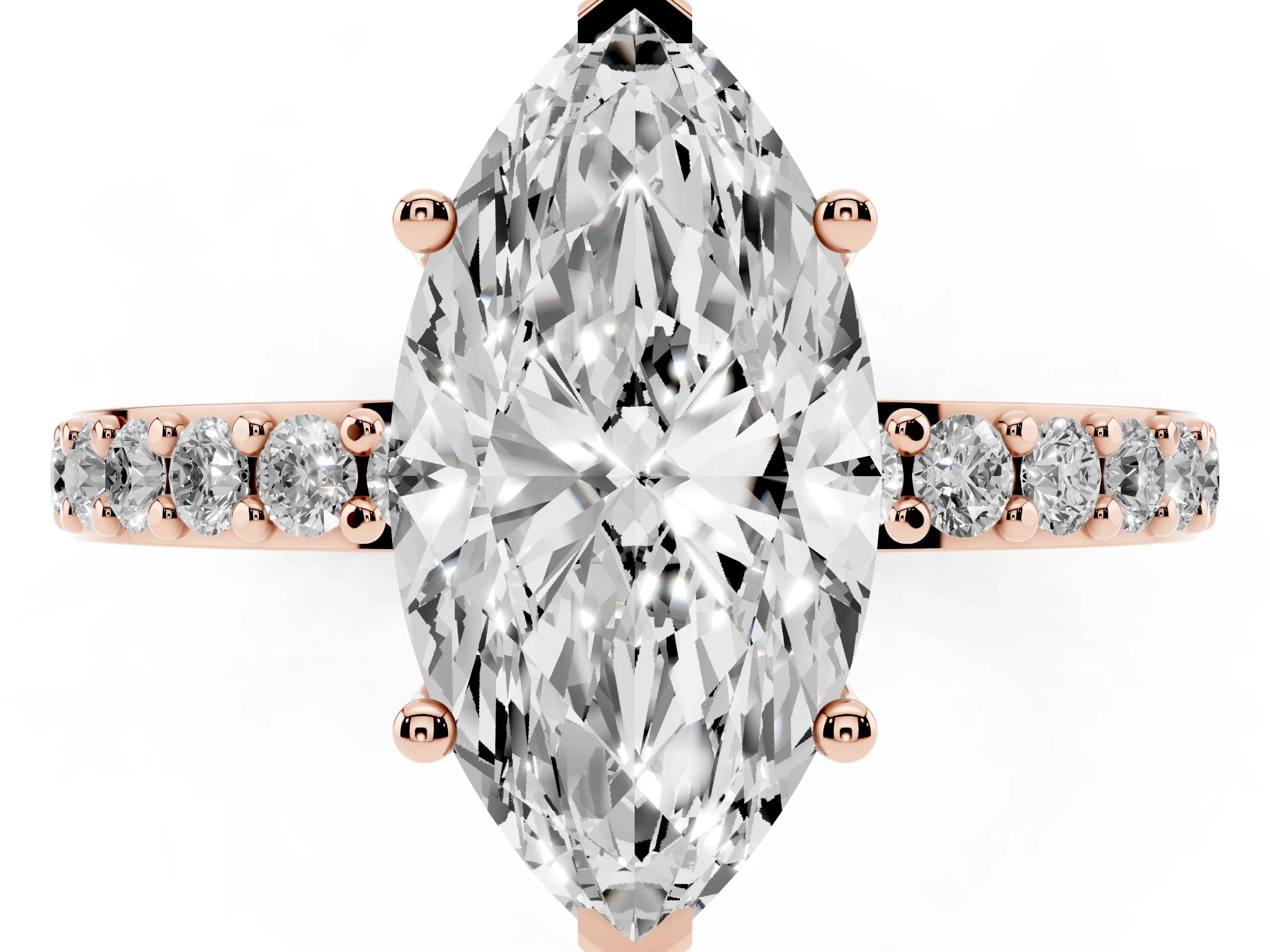 Marquise Cut Diamond Solitaire Set in Rose gold with Round Pavé Band and Prong Setting