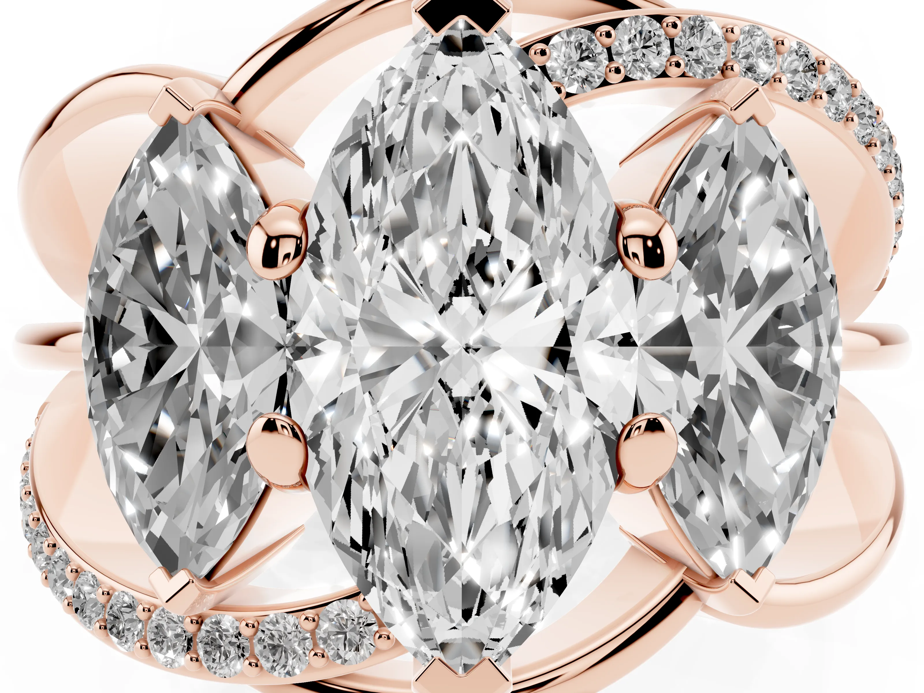 Marquise Cut Diamond Three-Stone Ring Set in Rose gold with Split Shank and Prong Setting