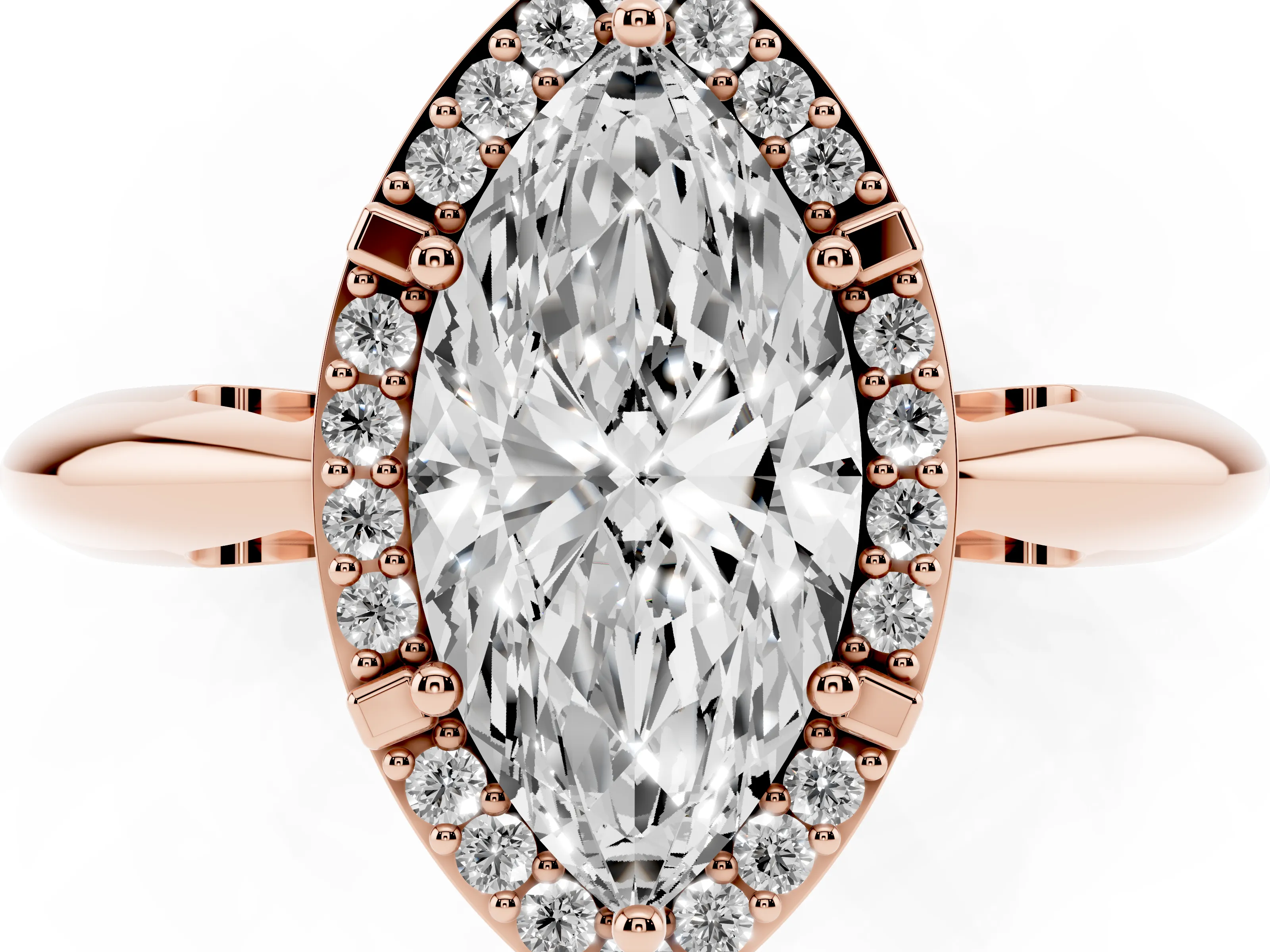Marquise Cut Diamond Halo Engagement Ring Set in Rose gold with Plain Split Shank and Prong Setting