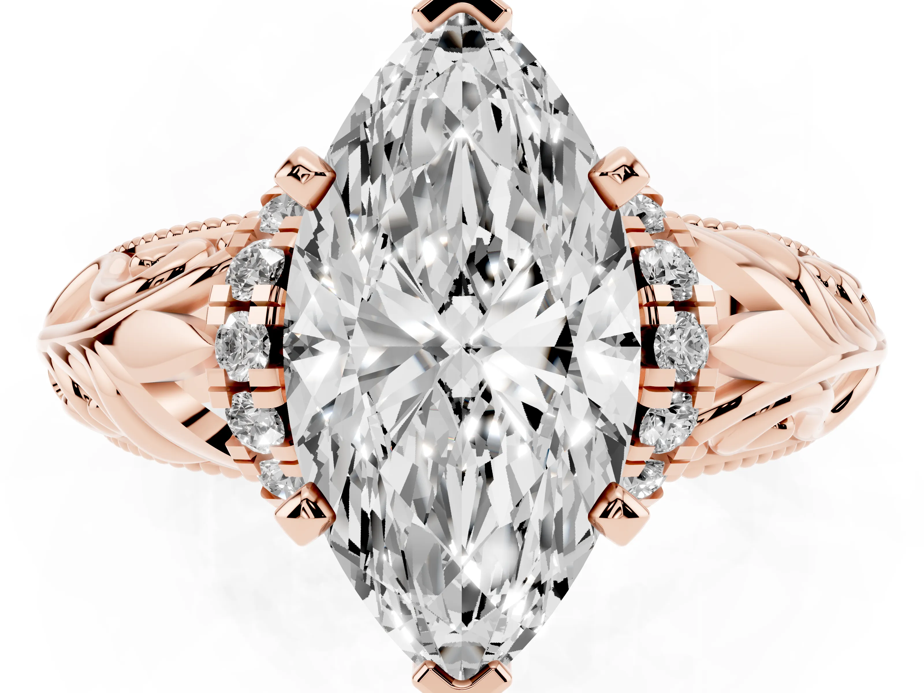 Marquise Cut Diamond Filigree Halo Engagement Ring Set in Rose gold with Prong Setting
