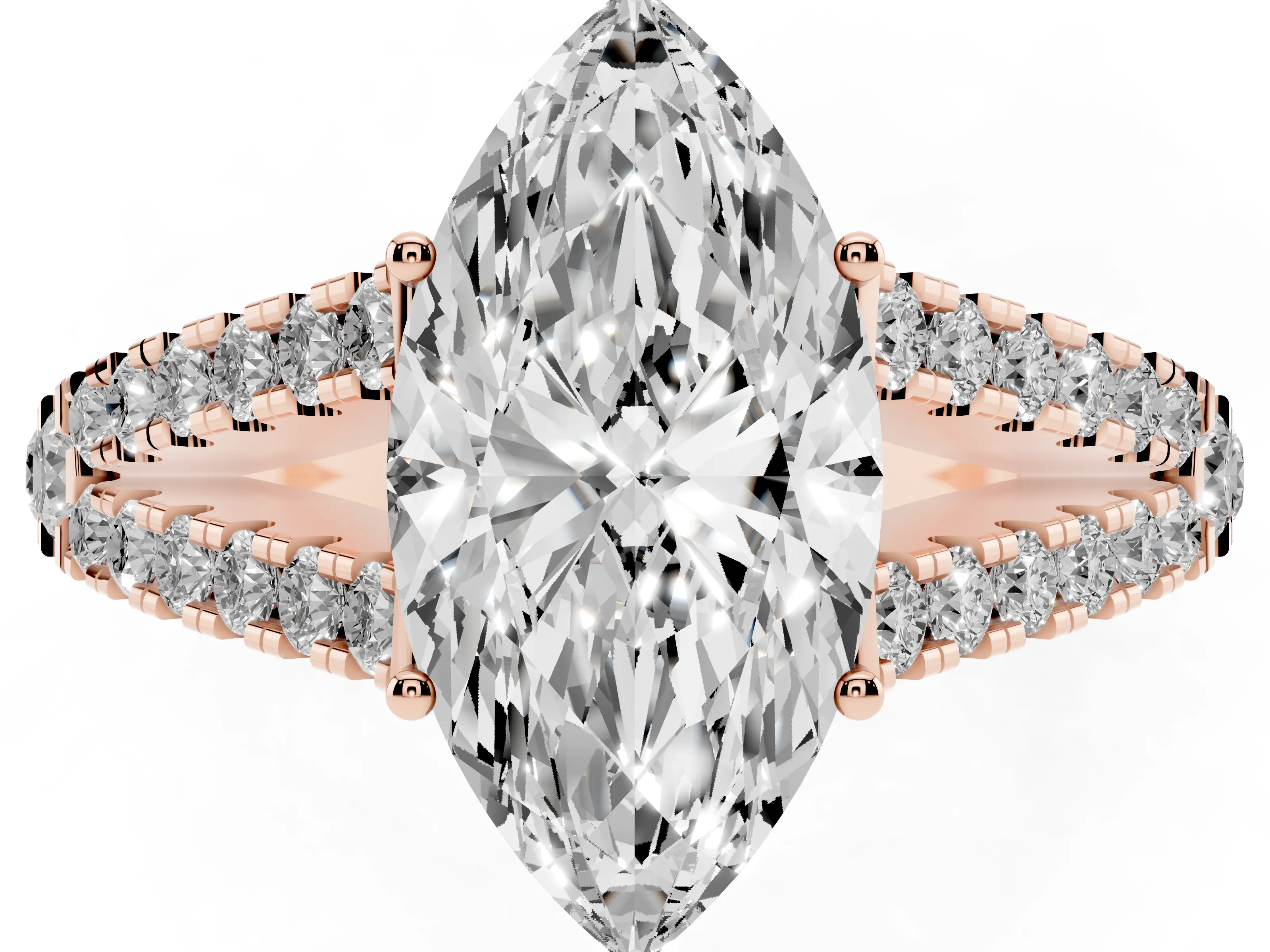 Marquise Cut Diamond Split Shank Pavé Engagement Ring Set in Rose gold with Prong-Held Center Stone