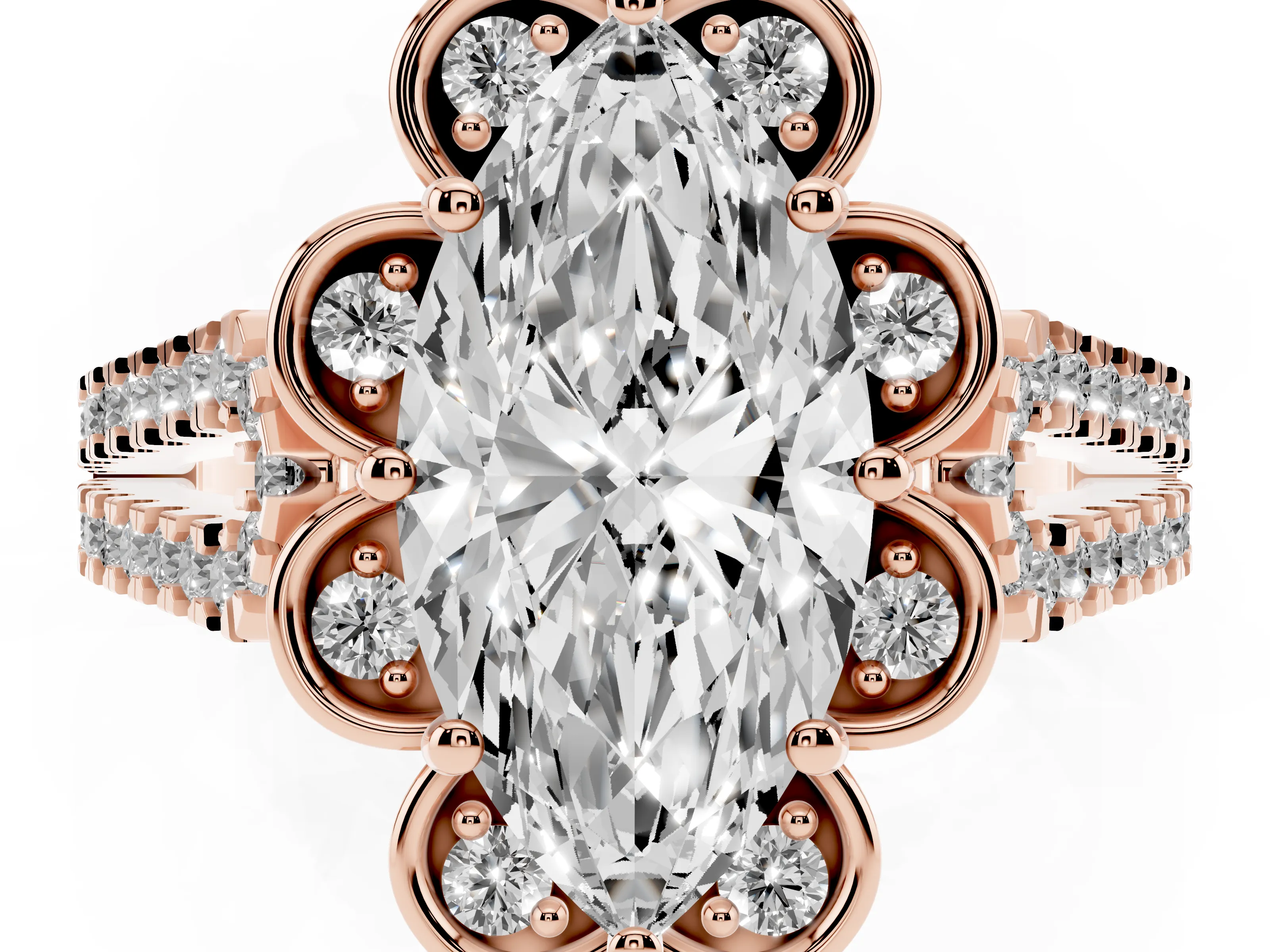 Marquise Cut Diamond Floral Halo Split Shank Engagement Ring Set in Rose gold with Pavé Shank