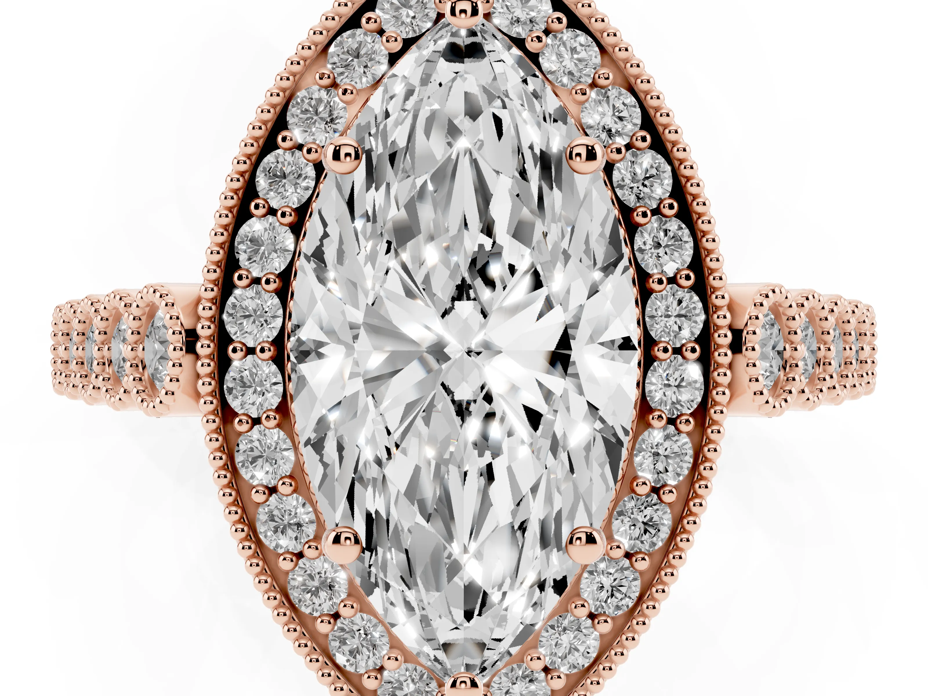 Marquise Cut Diamond Milgrain Halo Solitaire Ring Set in Rose gold with Bezel Set Side Stones and Pavé Band