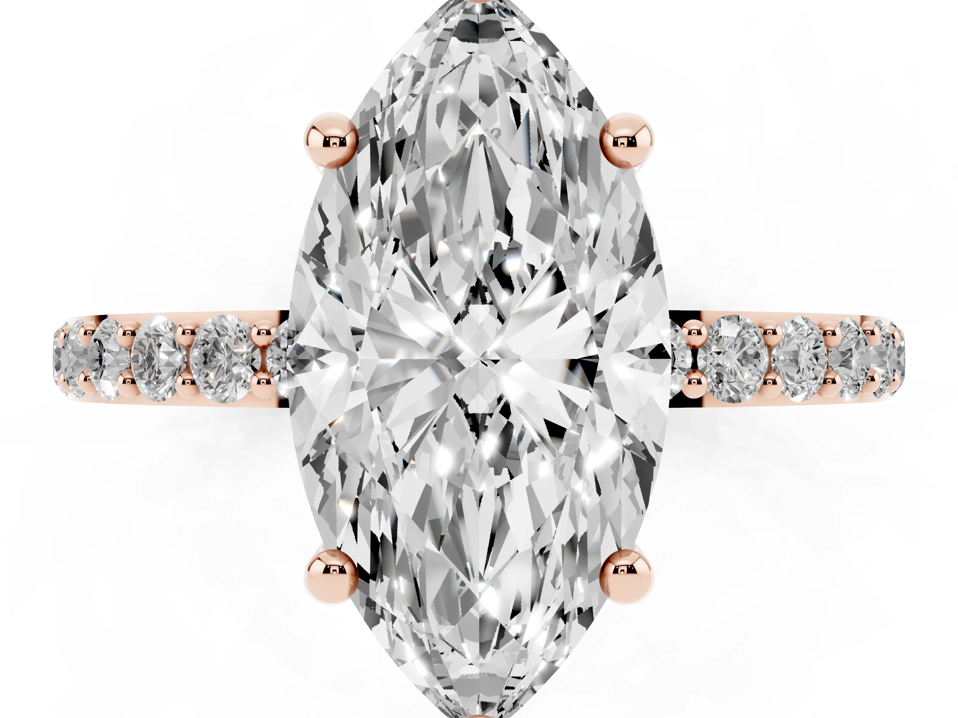 Marquise Cut Diamond Solitaire Ring Set in Rose gold with Round Pavé Band and Prong Setting