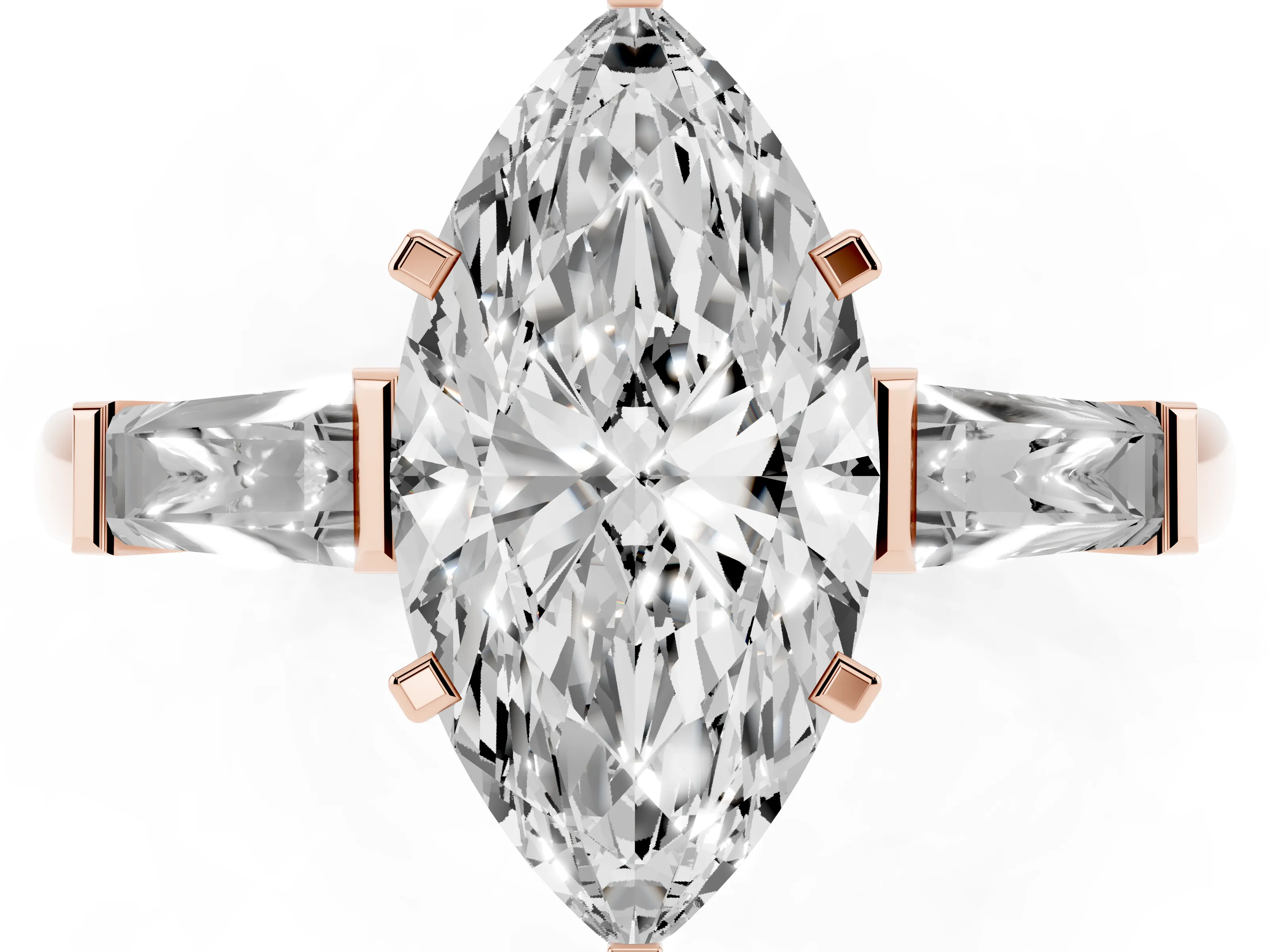 Marquise Cut Diamond Solitaire Ring Set in Rose gold with Tapered Baguette Side Stones and Prong Setting