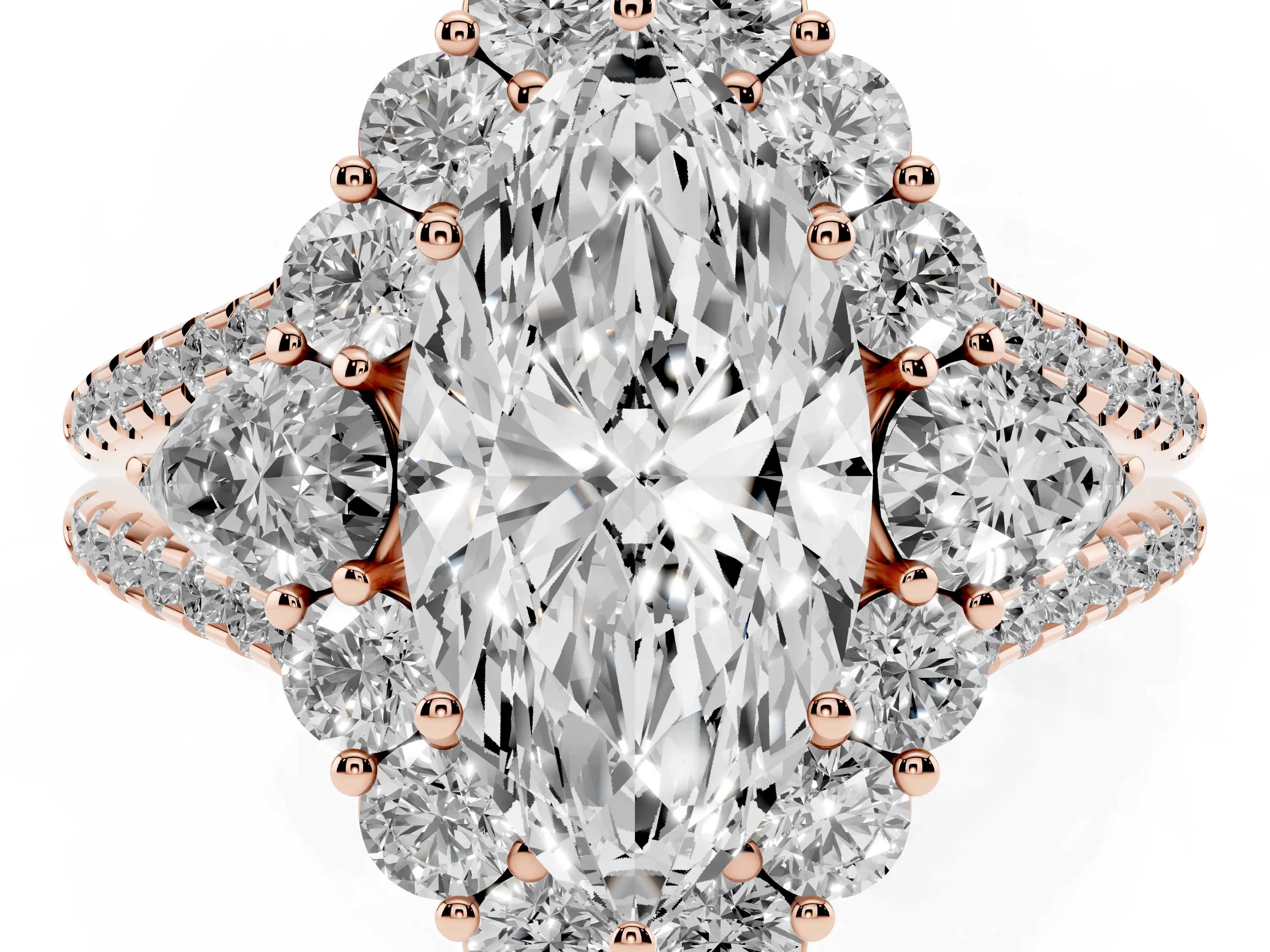Marquise Cut Diamond Halo Split Shank Engagement Ring Set in Rose gold with Prong-Held Center Stone