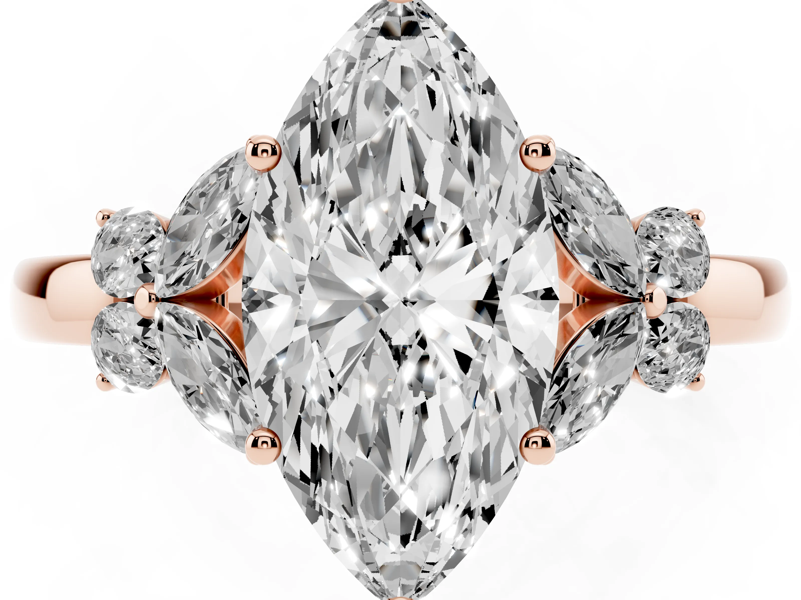 Marquise Cut Diamond Solitaire Floral Ring Set in Rose gold with Marquise Petals and Prong Setting
