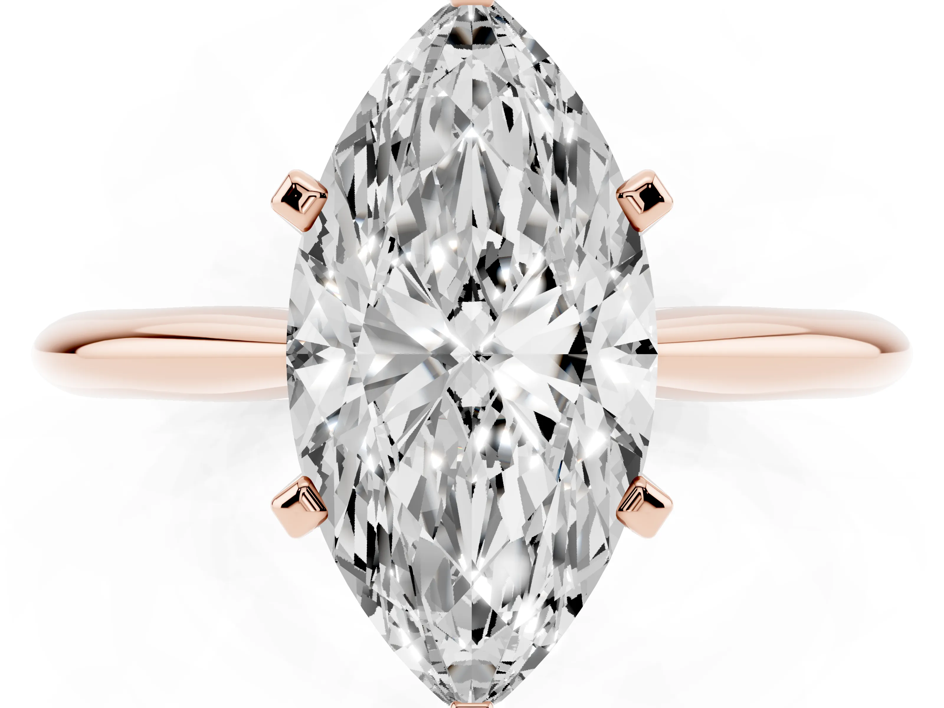 Marquise Cut Diamond Solitaire Ring Set in Rose gold with Prong Setting on a Plain Round Band