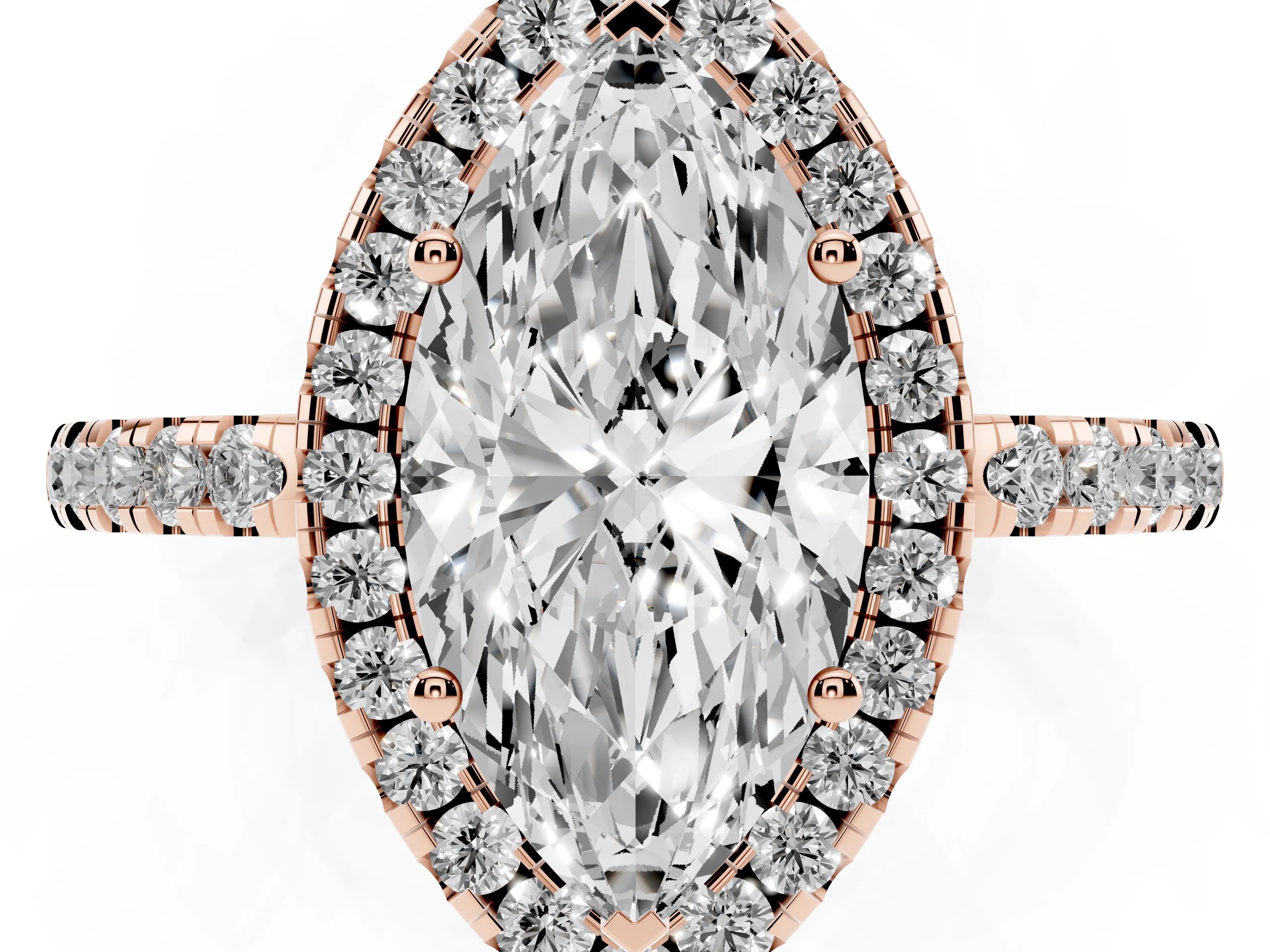Marquise Cut Diamond Pavé Band Halo Engagement Ring Set in Rose gold with Prong Setting