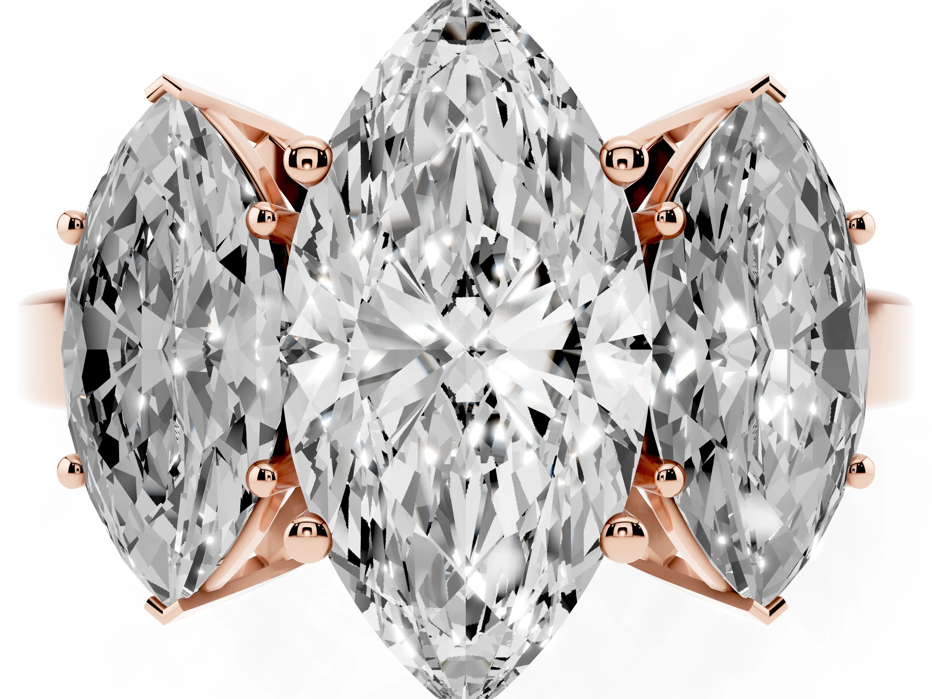 Marquise Cut Diamond Three-Stone Engagement Ring Set in Rose gold with Flat Band