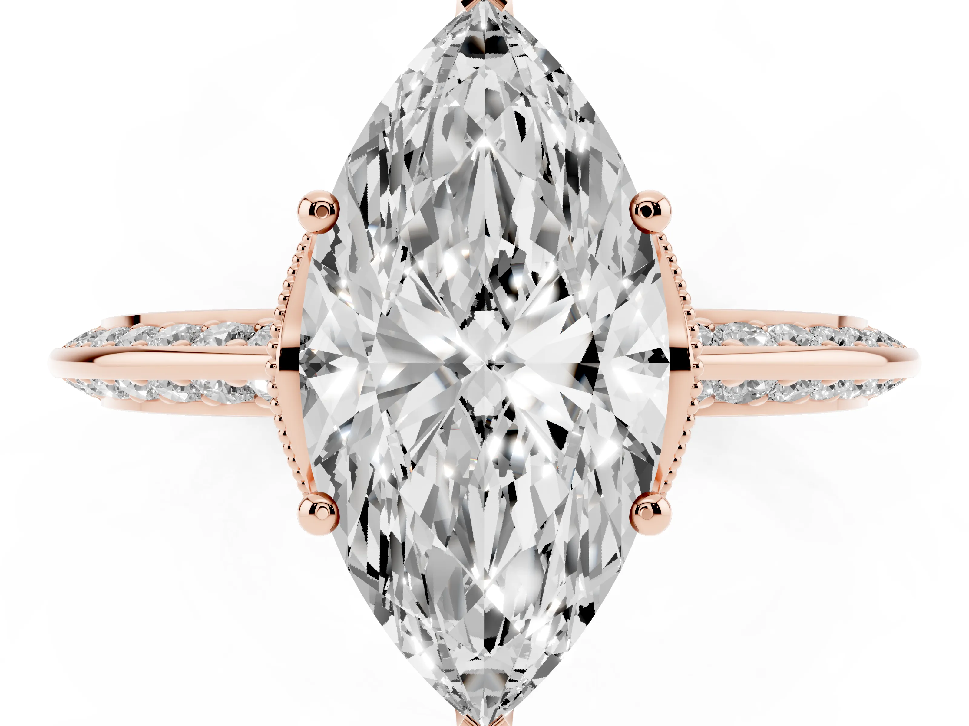 Marquise Cut Diamond Solitaire Engagement Ring Set in Rose gold with Pavé Split Shank and Prong Setting