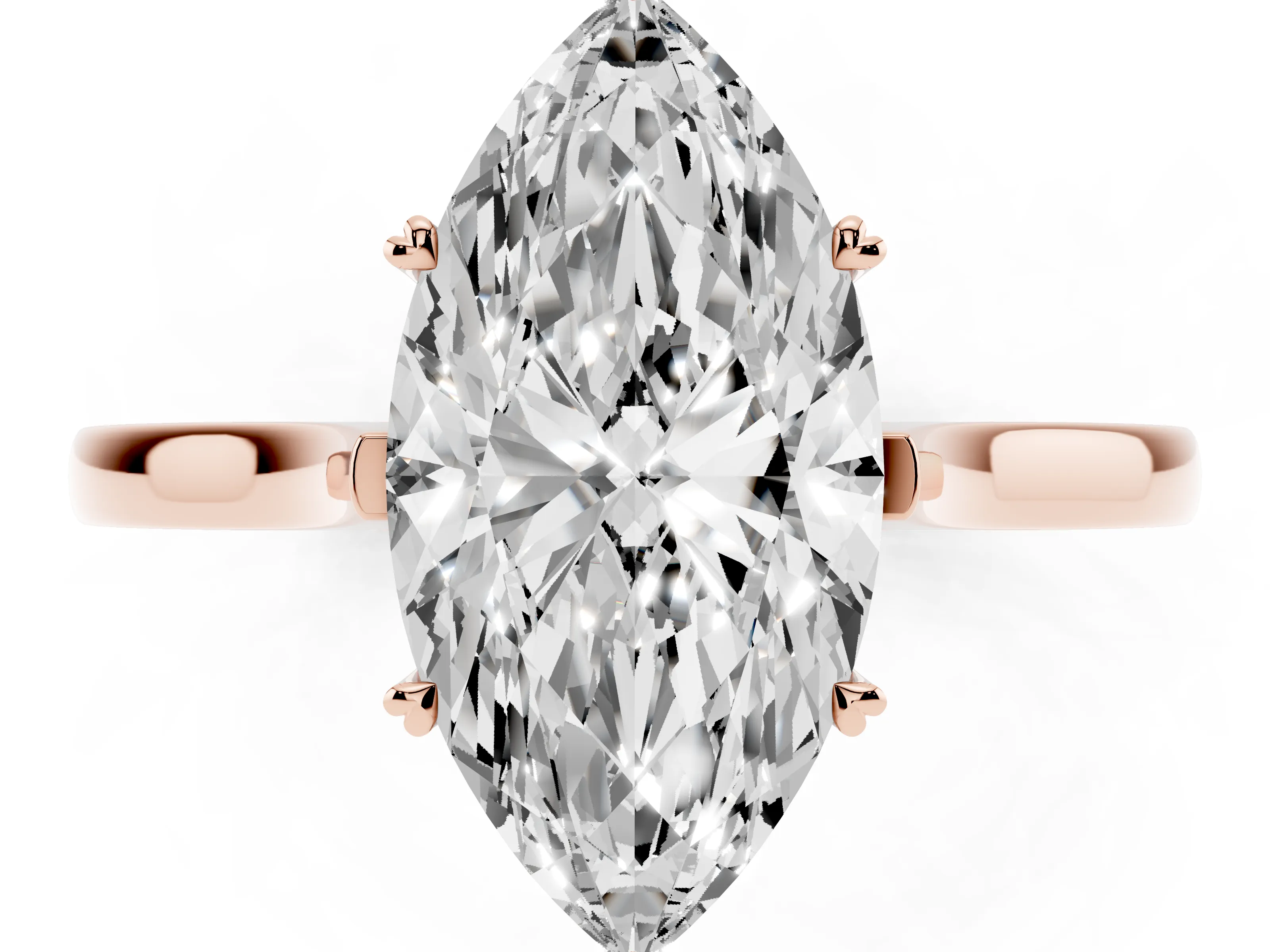 Marquise Cut Diamond Solitaire Heart Prong Engagement Ring Set in Rose gold with Tapered Band