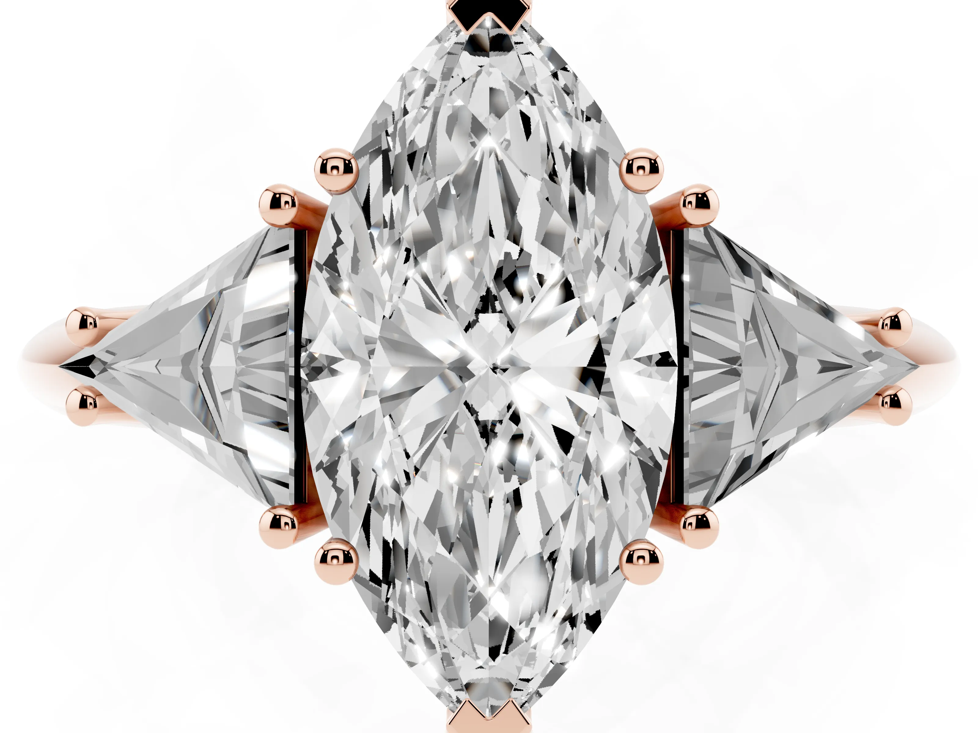 Marquise Cut Diamond Three-Stone Engagement Ring Set in Rose gold with Trillion Side Stones