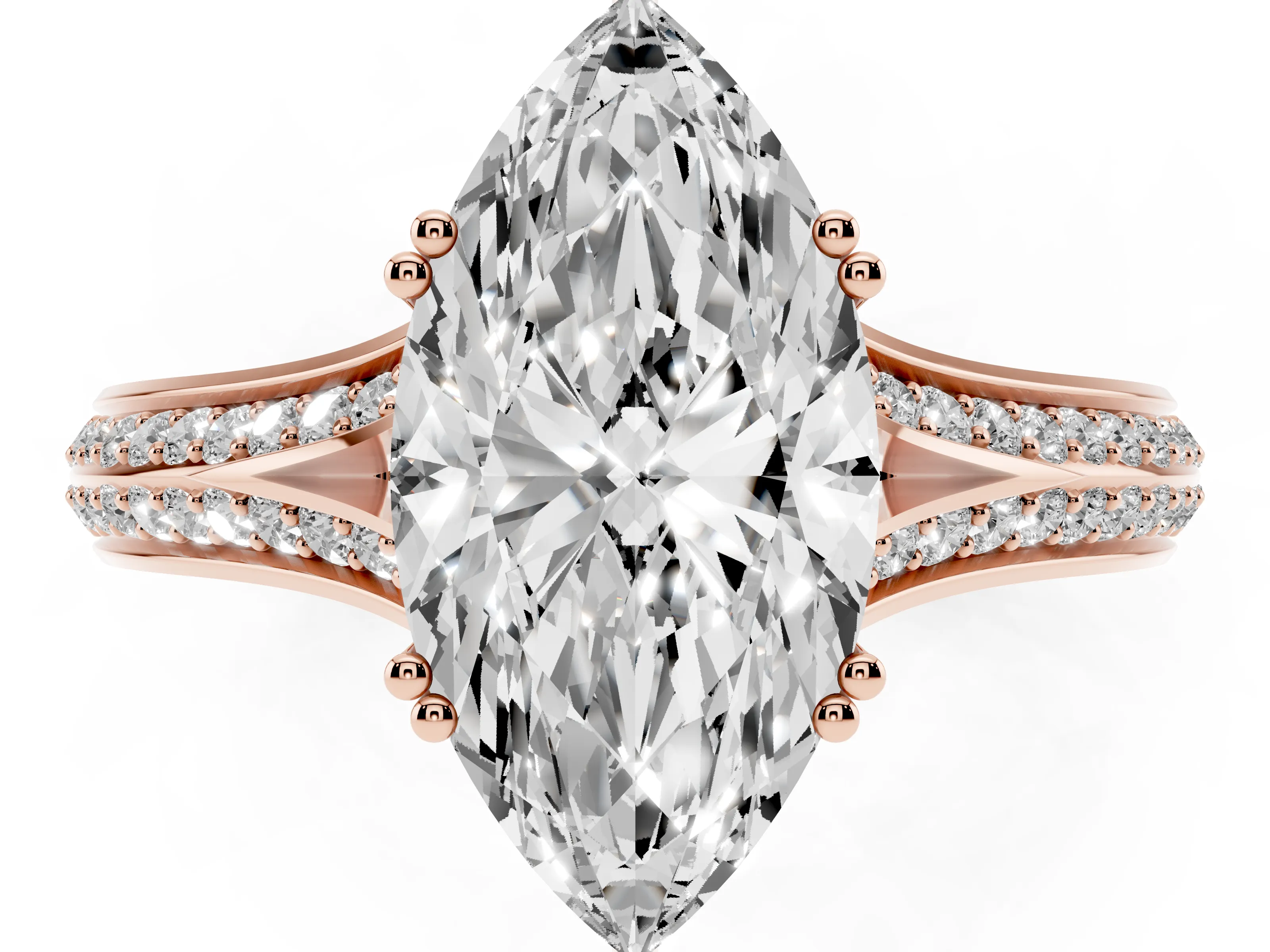 Marquise Cut Diamond Split Shank Pavé Engagement Ring Set in Rose gold with Prong-Set Center Stone