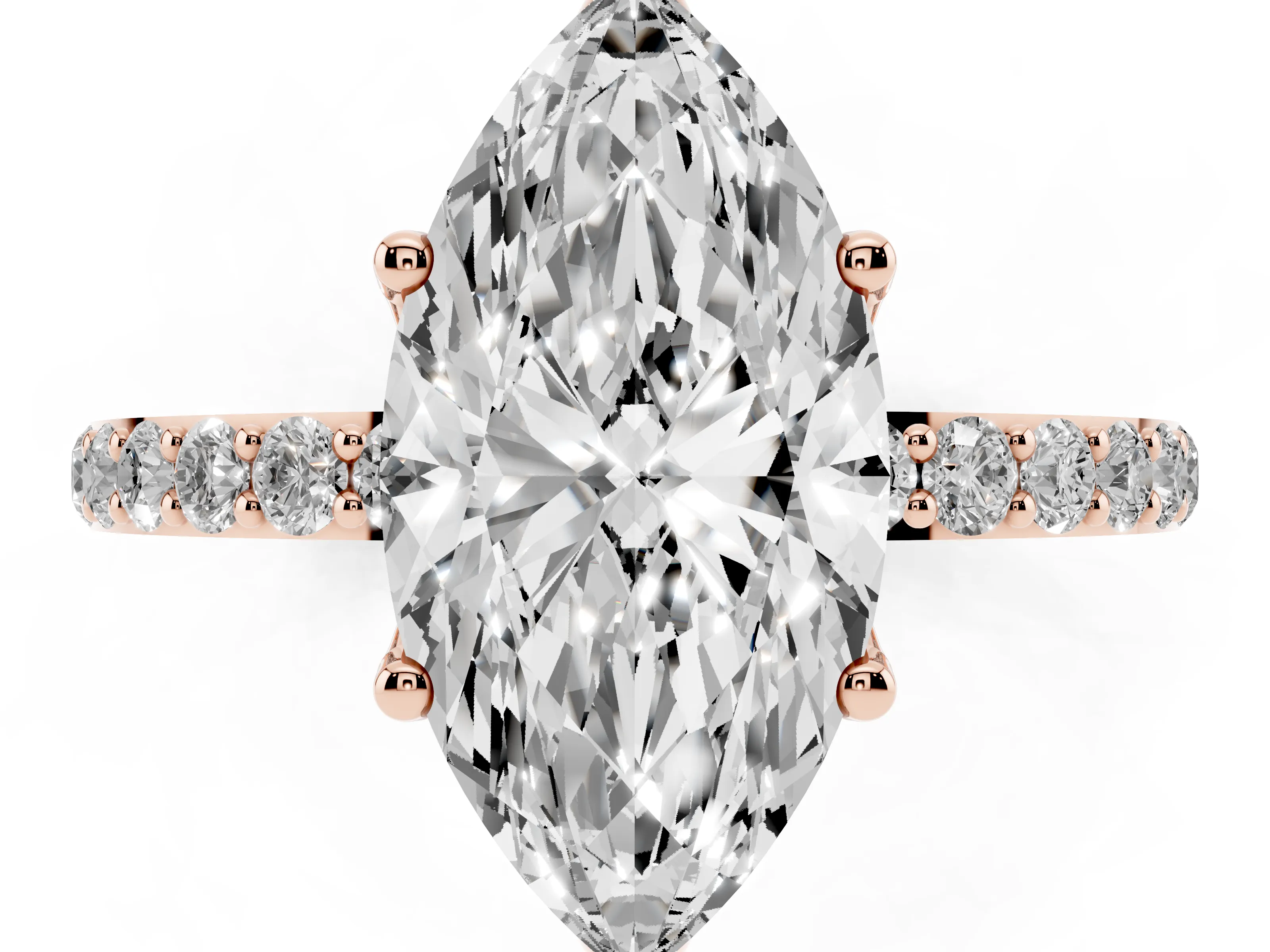 Marquise Cut Diamond Solitaire Engagement Ring Set in Rose gold with Round Pavé Band and Prong Setting