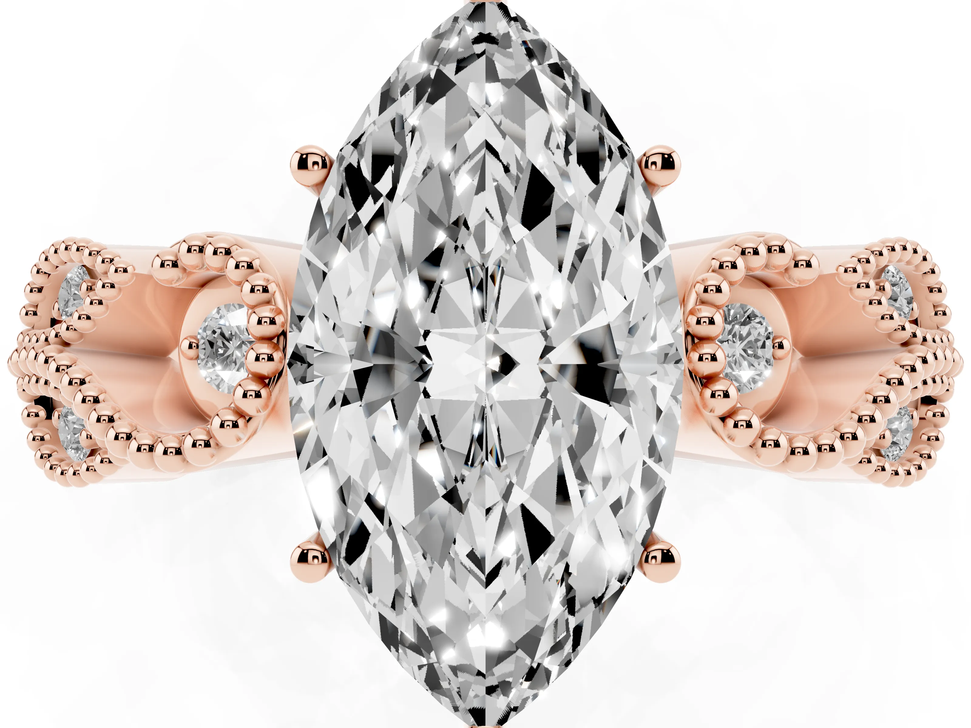 Marquise Cut Diamond Milgrain Leaf Band Solitaire Ring Set in Rose gold with Accent Stones and Prong Setting