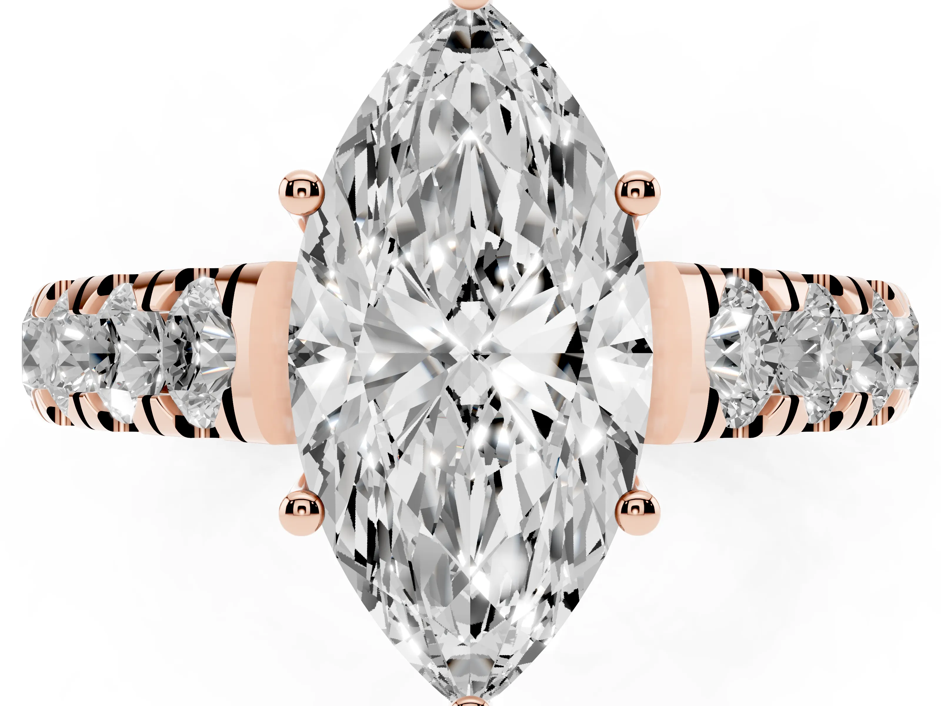Marquise Cut Diamond Solitaire Ring Set in Rose gold with Cut-Down Micro Pavé Band and Prong Setting